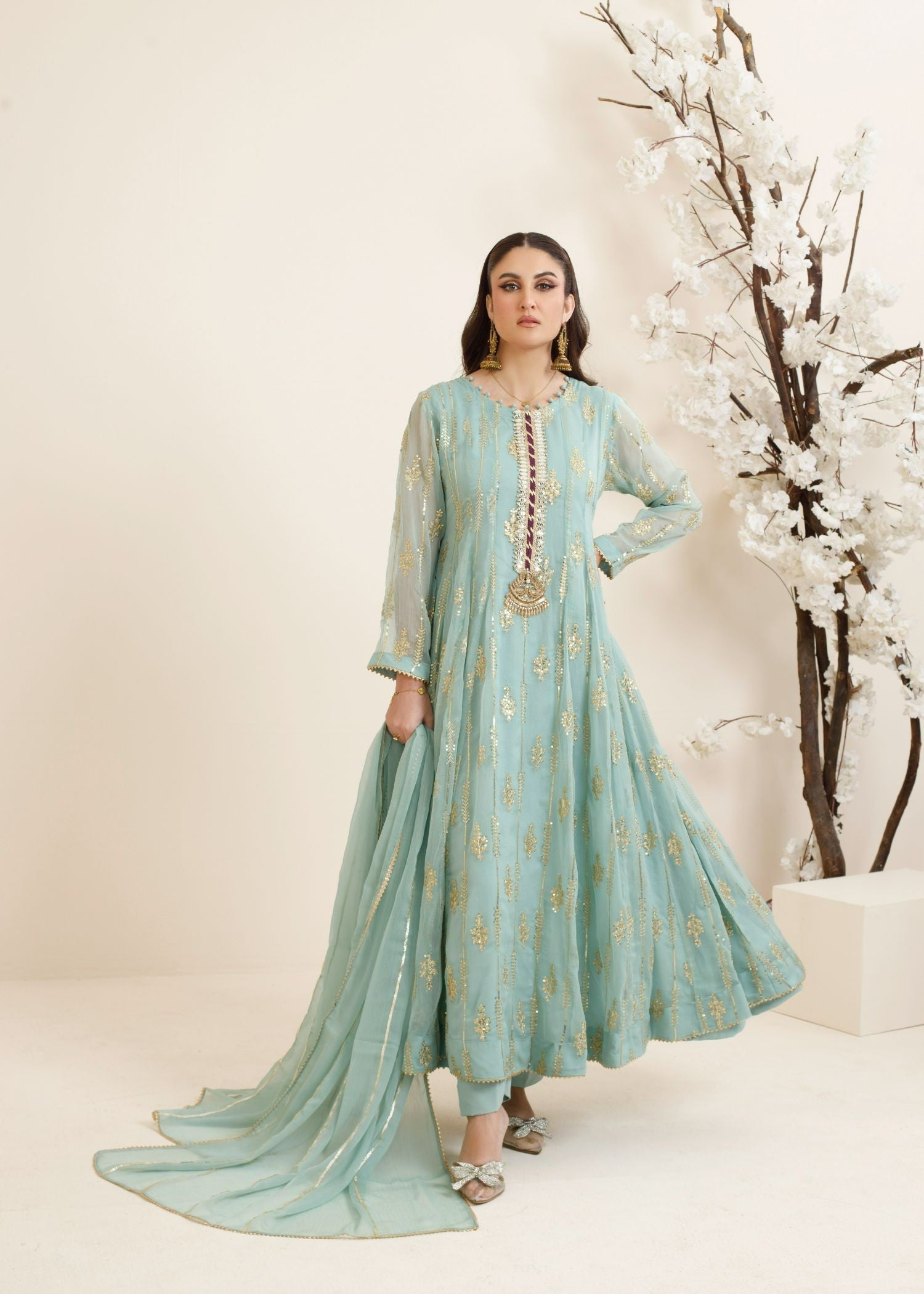chiffon Anarkali in Light blue