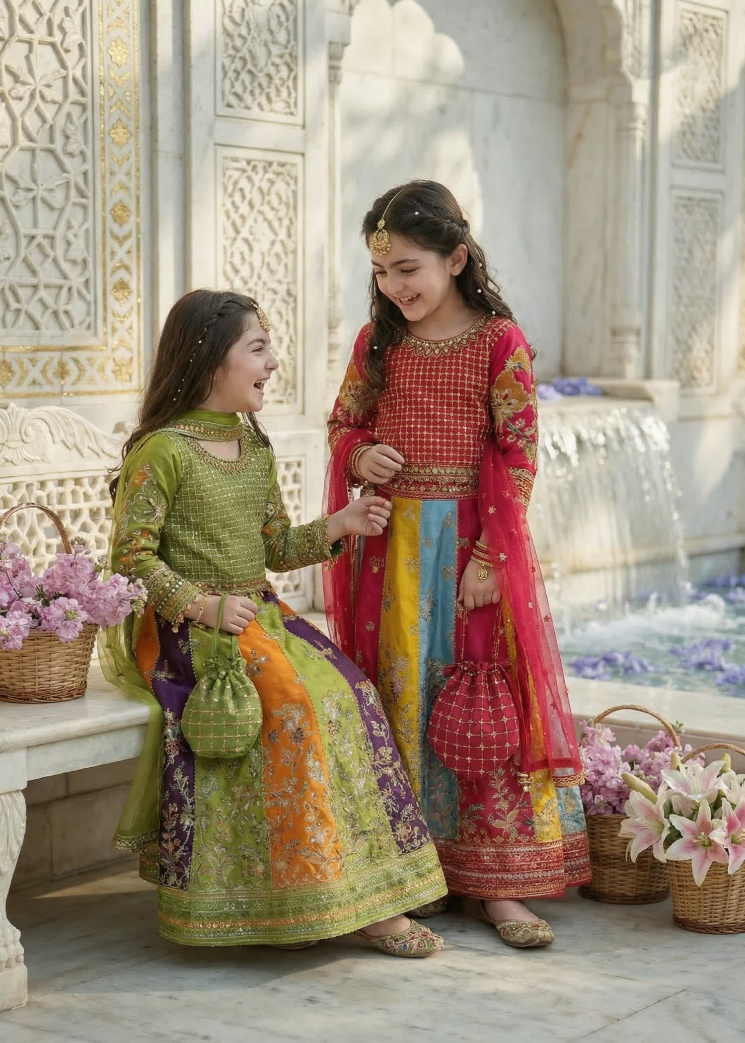 raw silk Lehenga in Olive green, multi