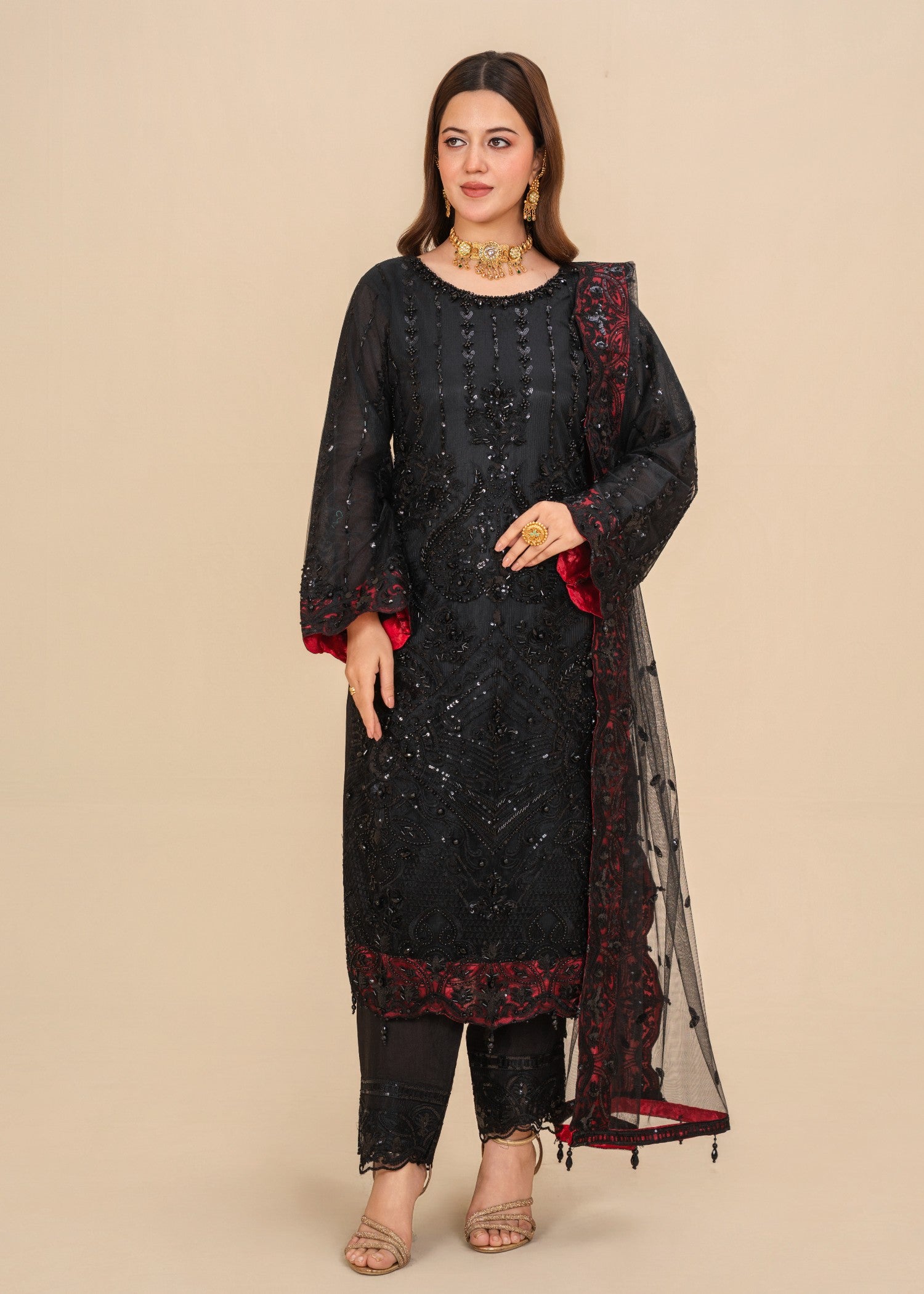 polyester net Kurta Set in Jet black