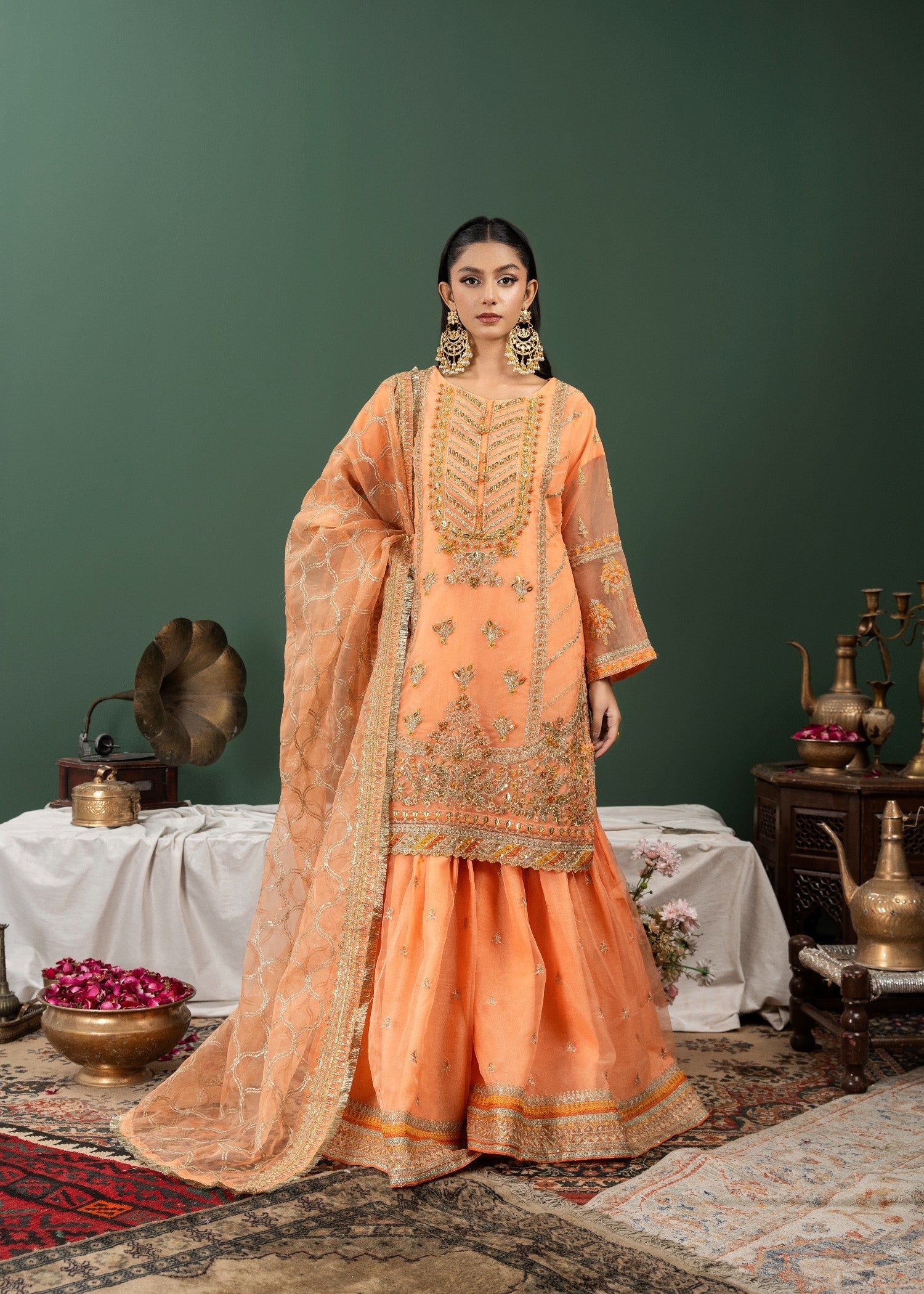 organza Gharara in Peach pink