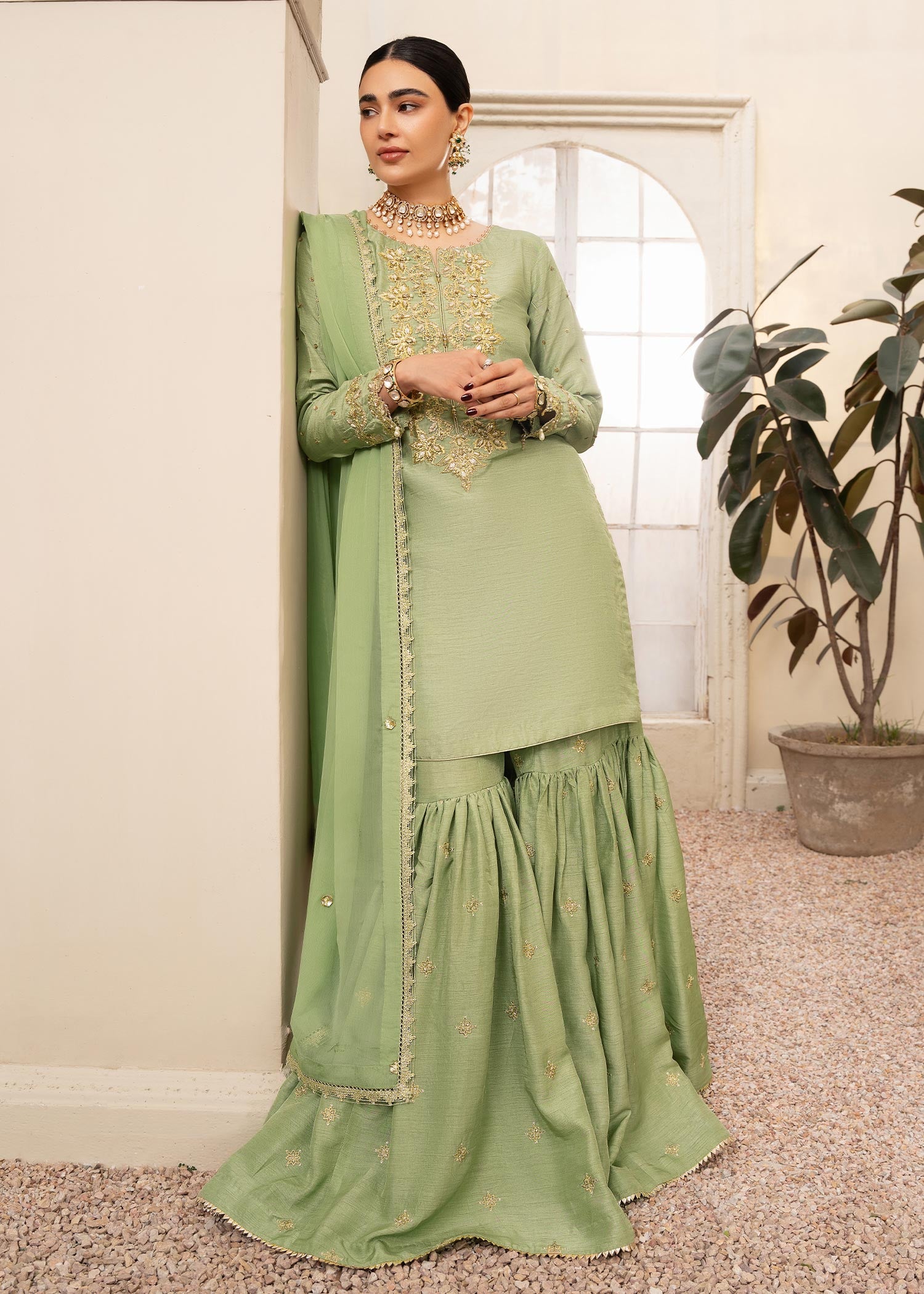 khaddi silk Gharara in Green