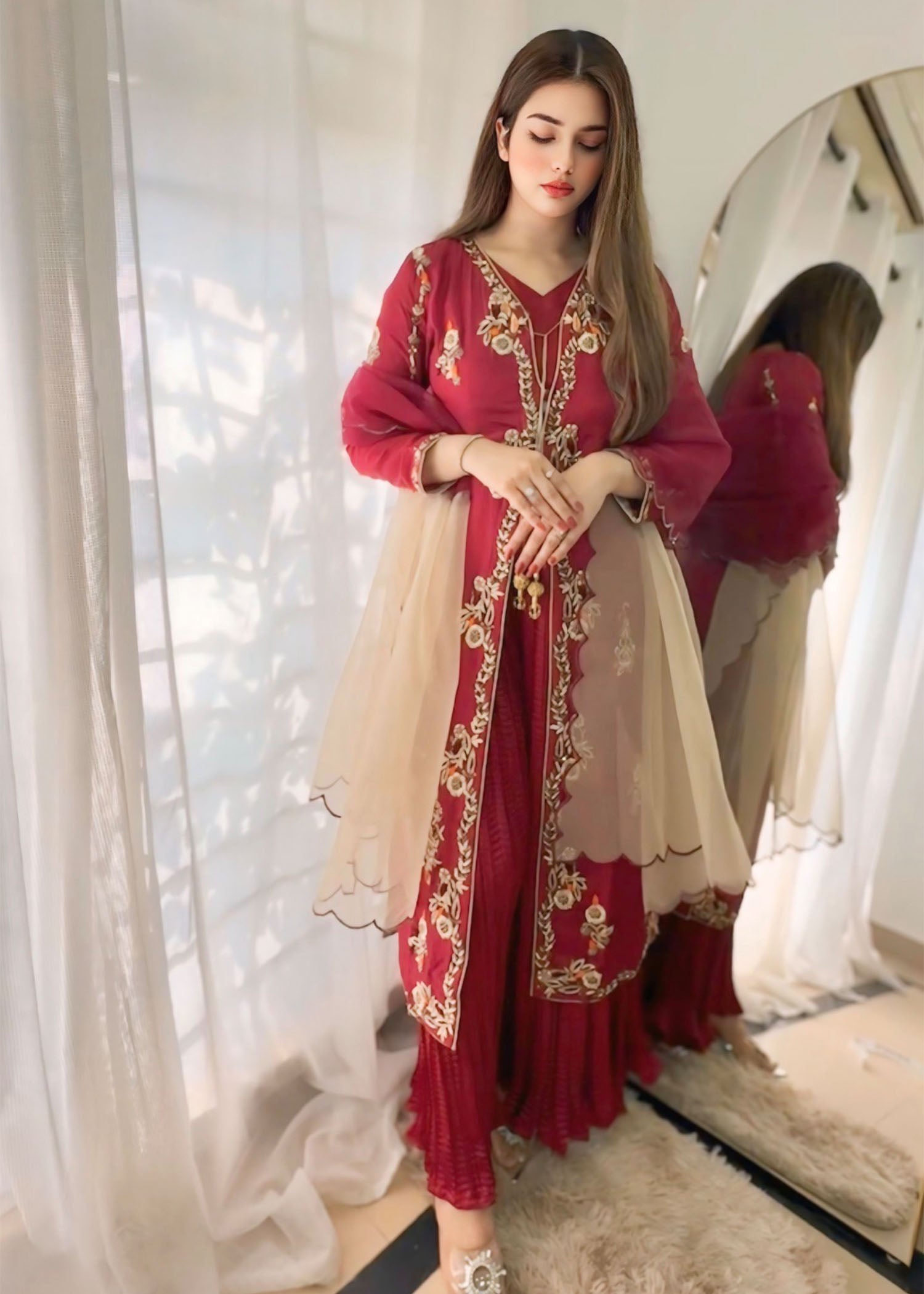tussar silk Gown in Maroon