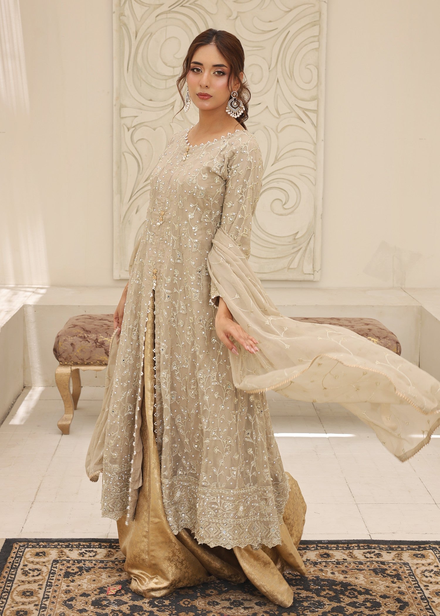 bemberg crinkle chiffon Lehenga in Eggshell