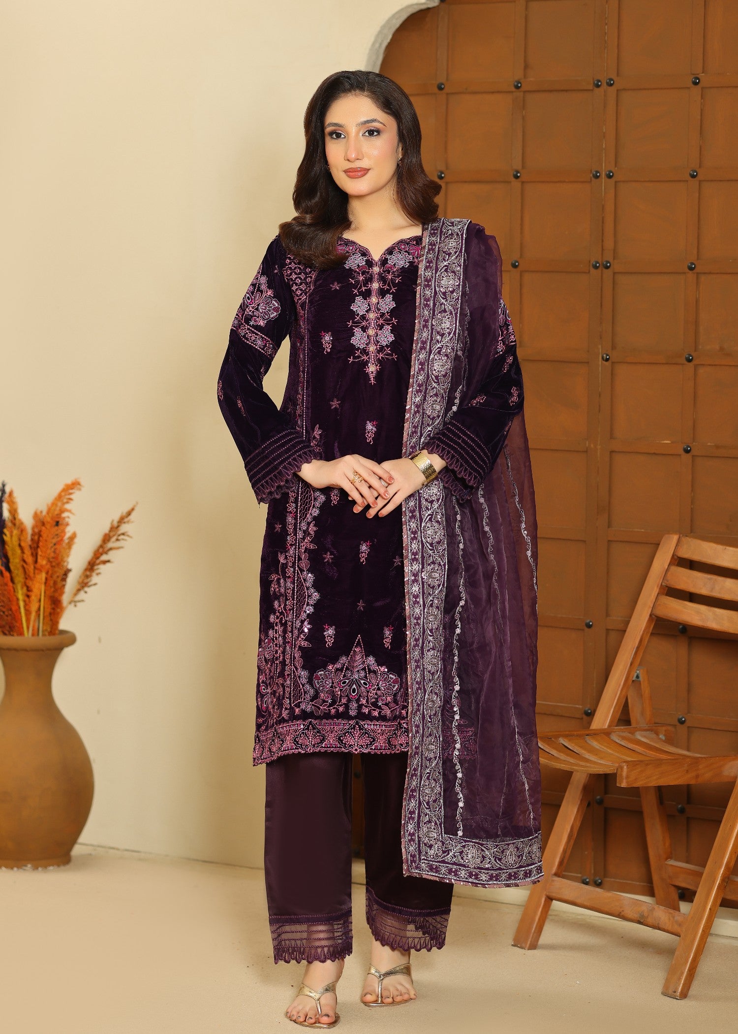 velvet Kurta Set in Purple