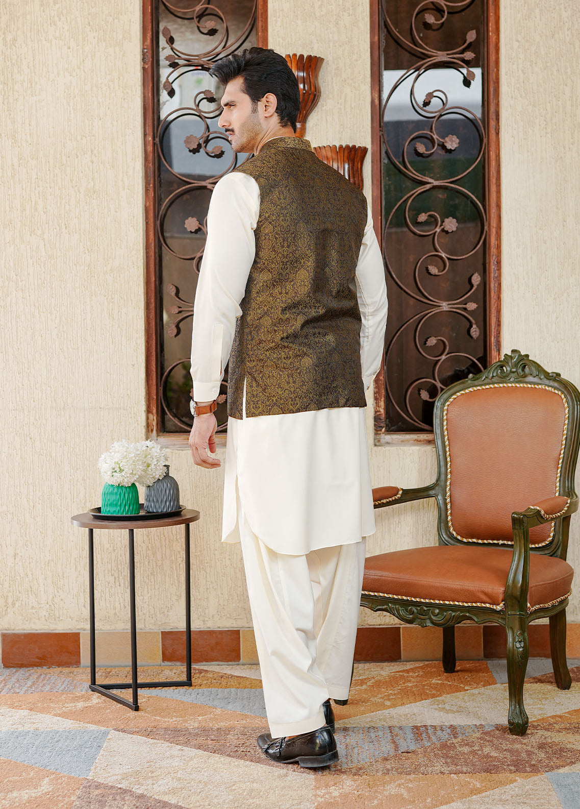 traditional jamawar Waistcoat in Dark brown by Real Image Clothing
