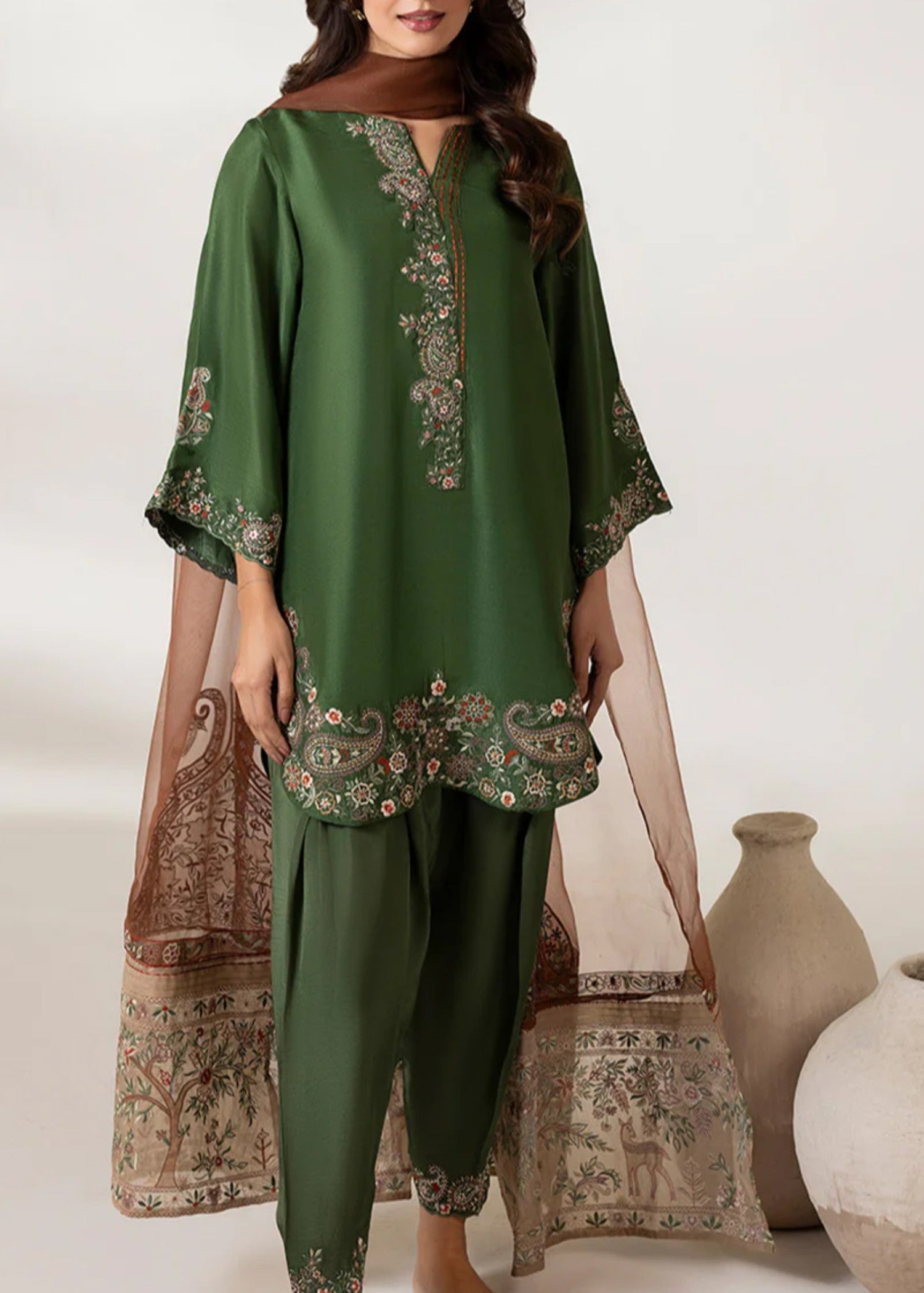 raw silk Kurta Set in Forest green