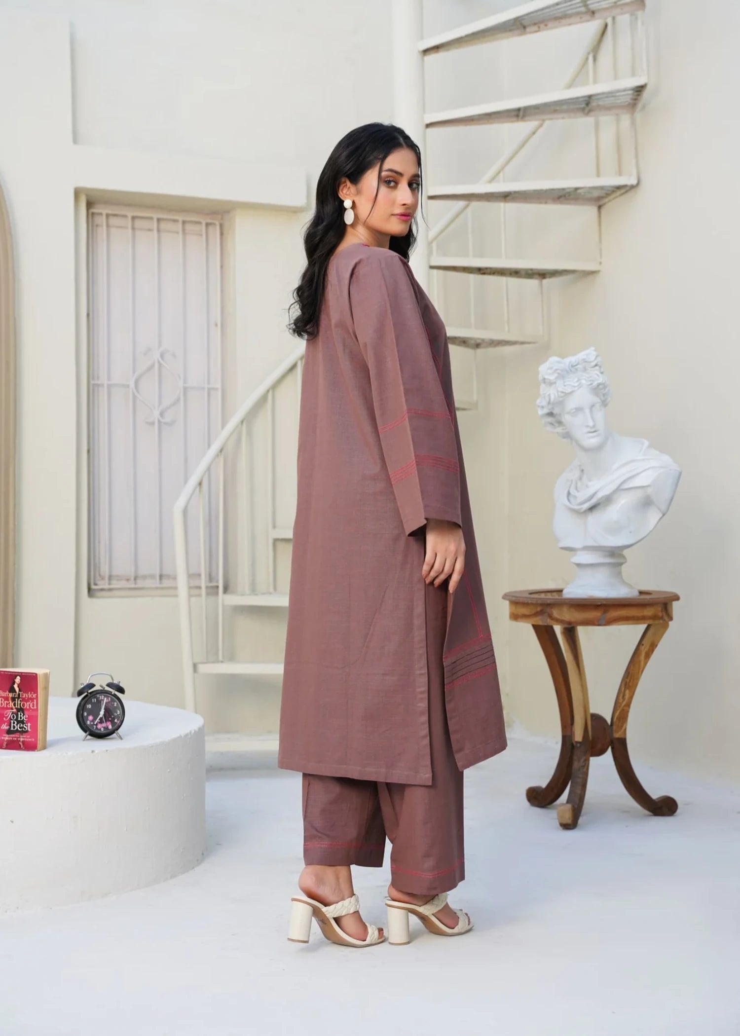 slub khaddar Kurta Set in Mocha brown