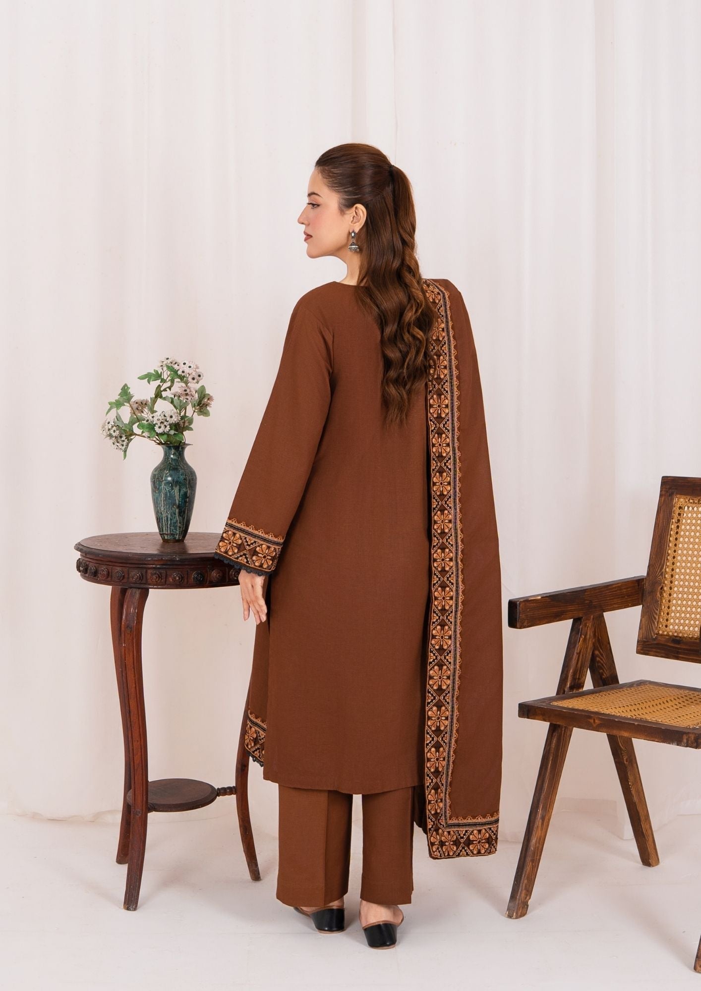 khaddar Kurta Set in Chocolate brown