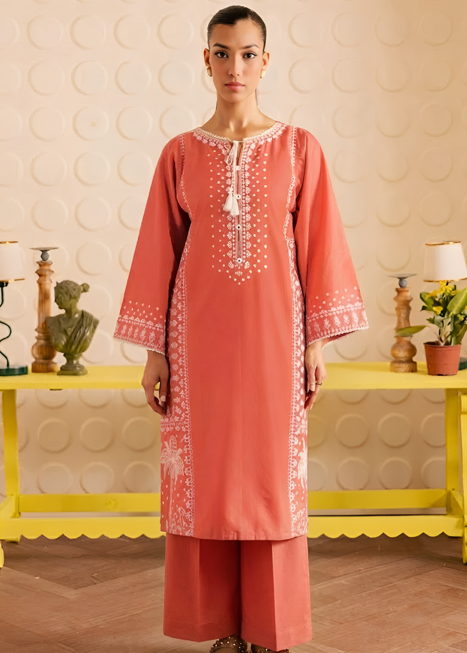 linen Kurta Set in Coral pink