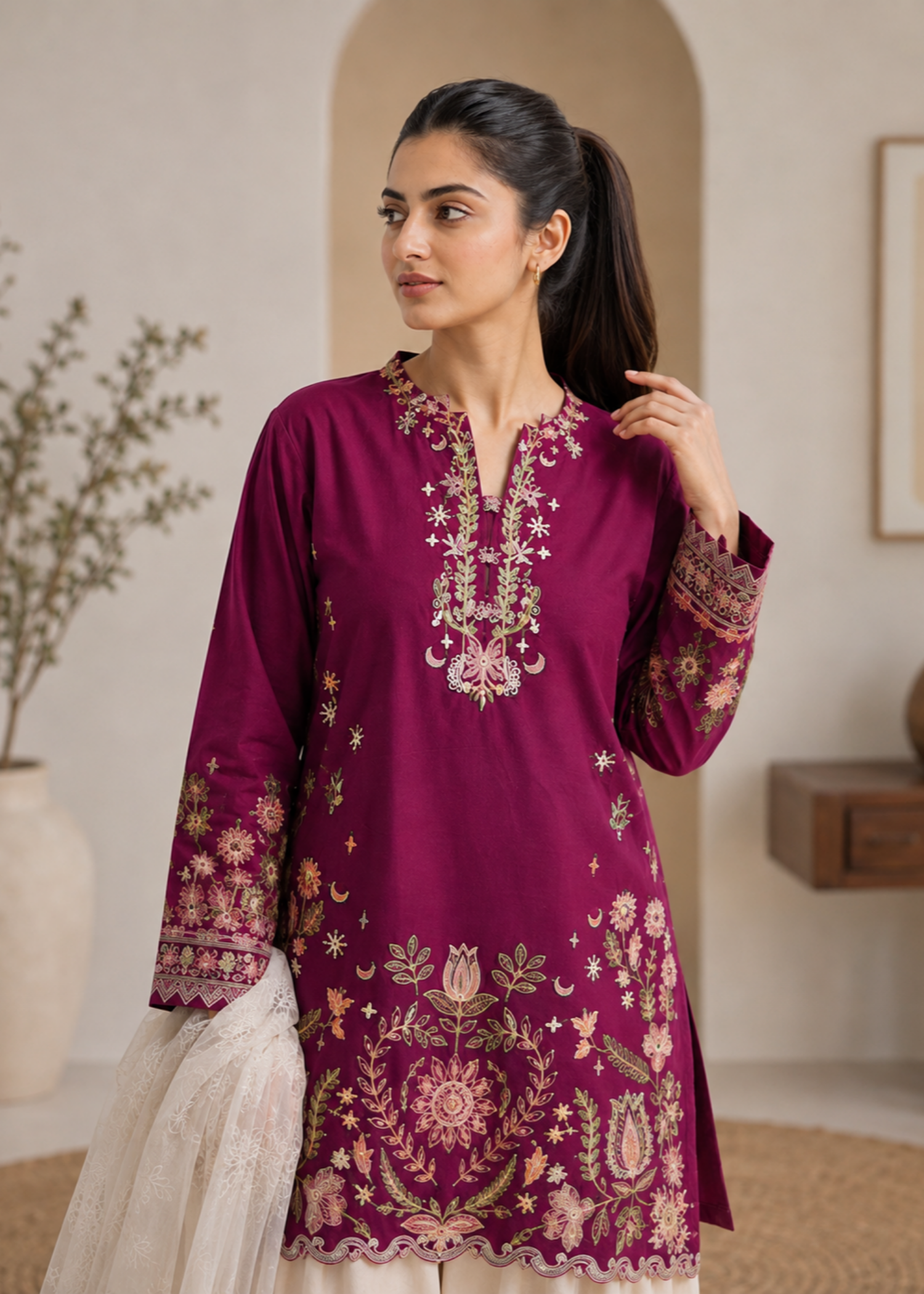 linen Kurta Set in White, deep purple