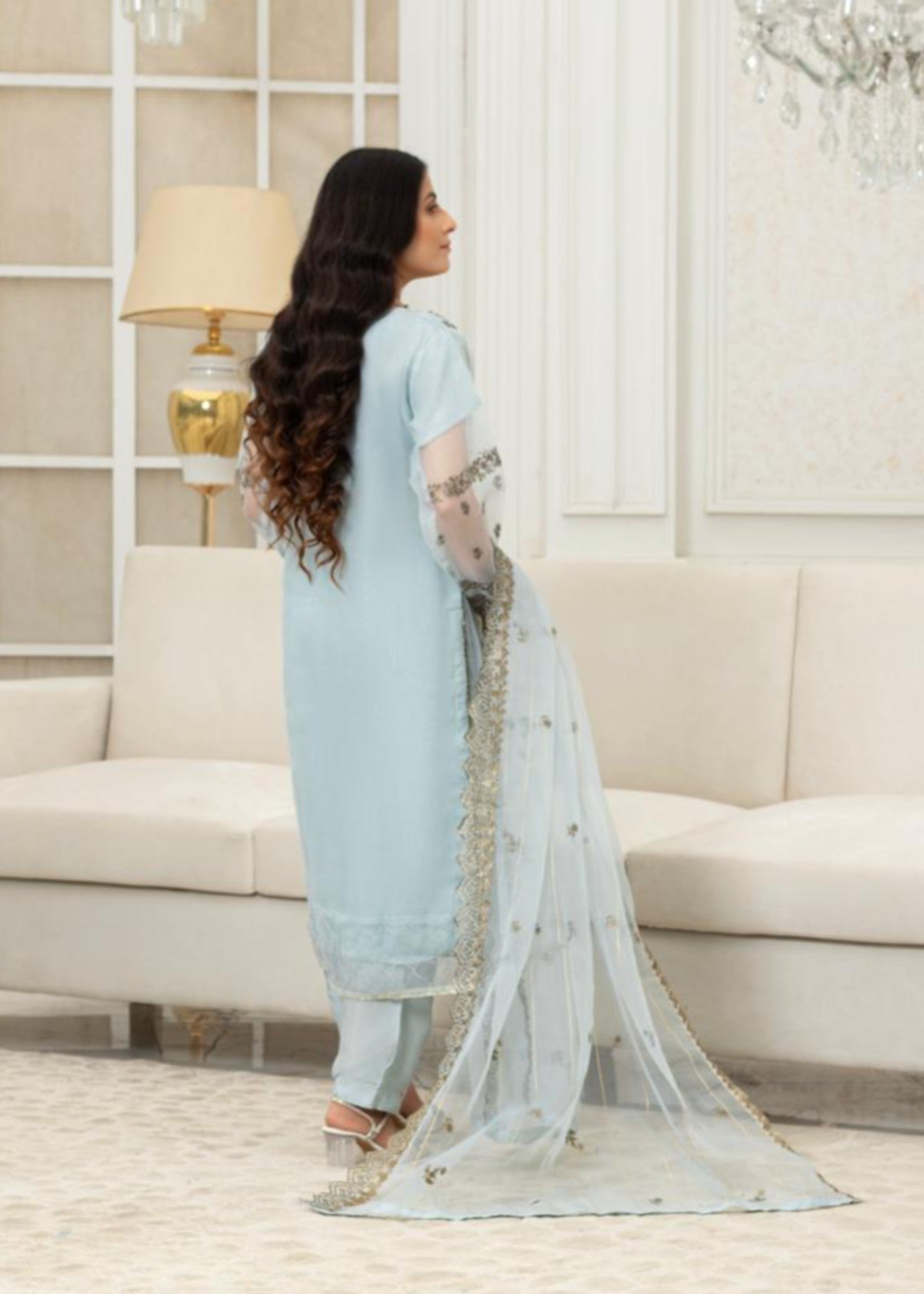 organza Kurta Set in Ice blue