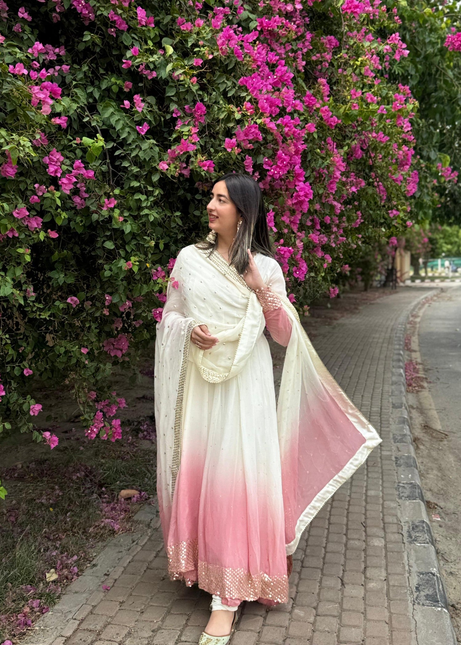 chiffon Pishwas in Tea rose pink, ivory