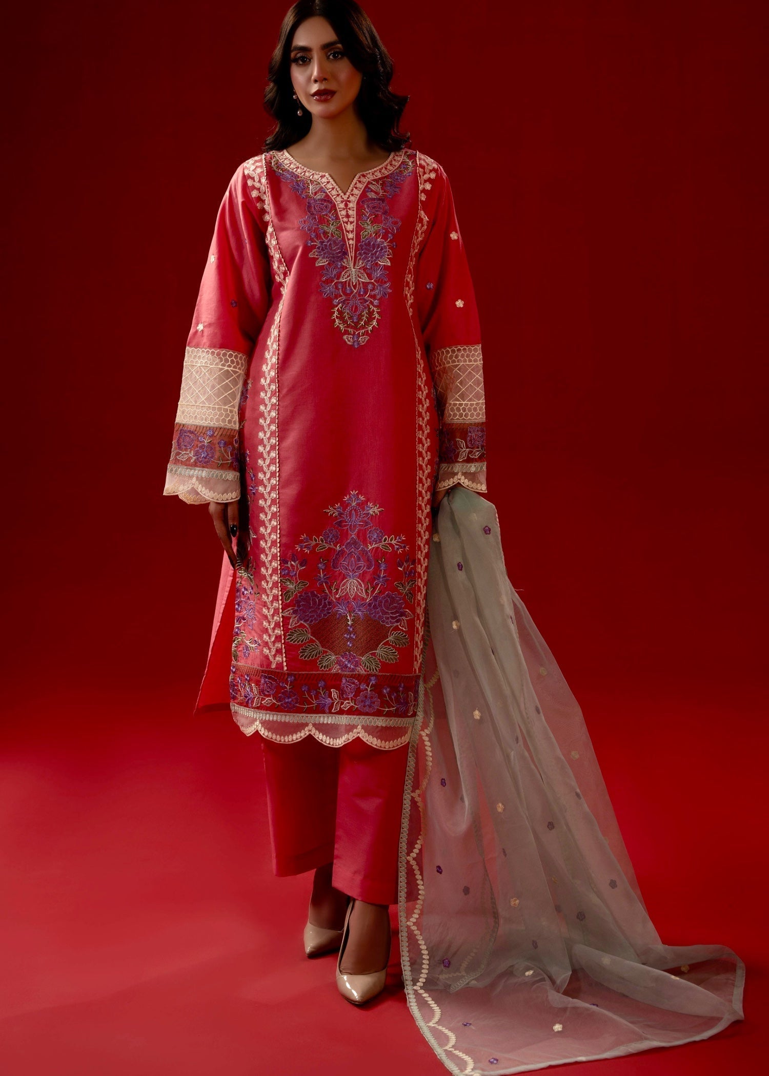 cambric Kurta Set in Salmon pink