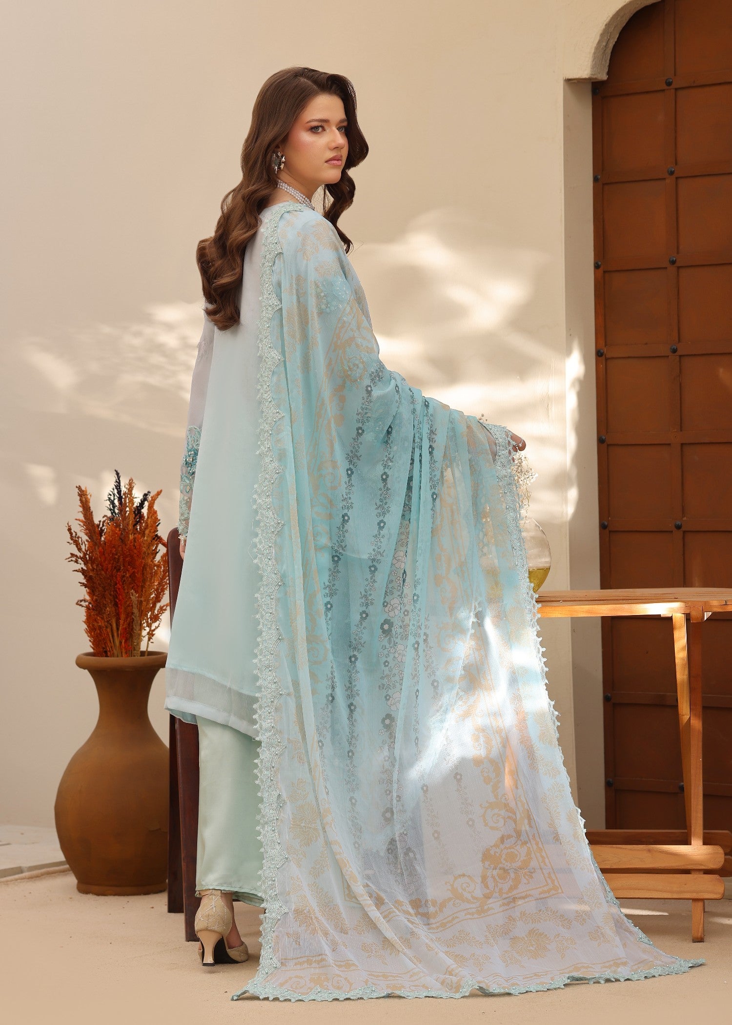 chiffon Kurta Set in Light blue