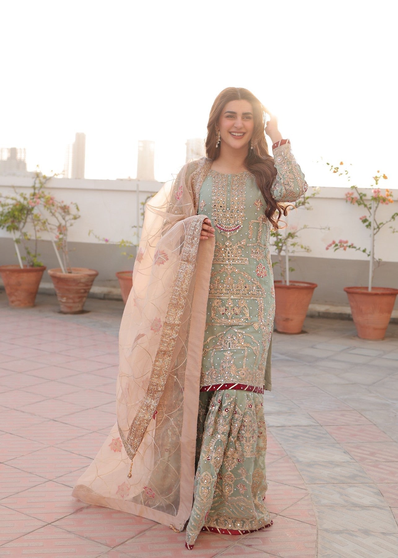 chiffon Gharara in Mint green