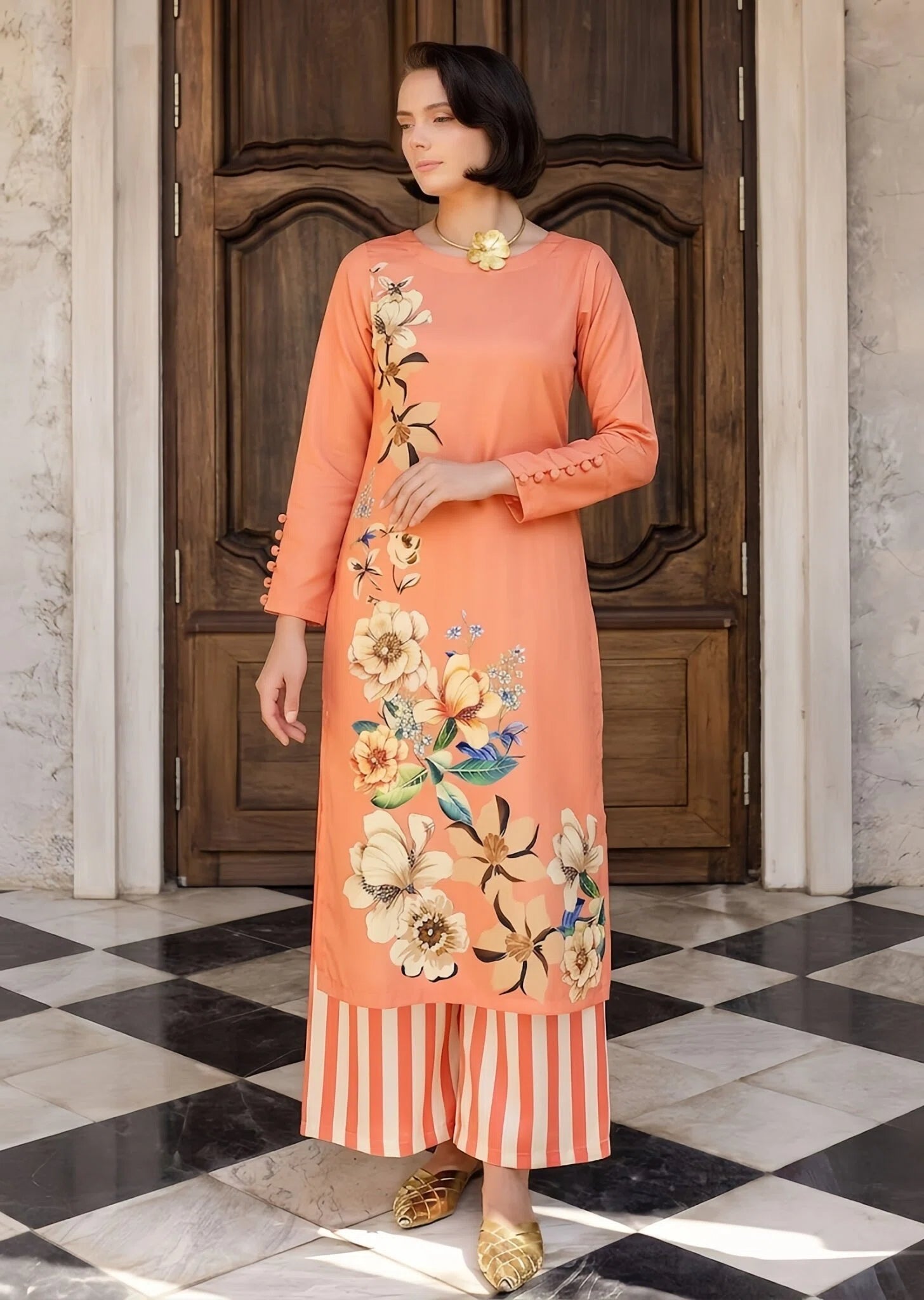 poly lawn Kurta Set in Coral orange