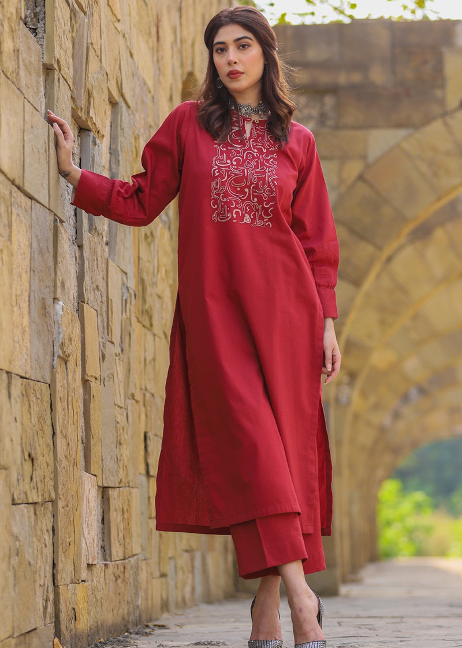 slub cambric Kurta Set in Maroon