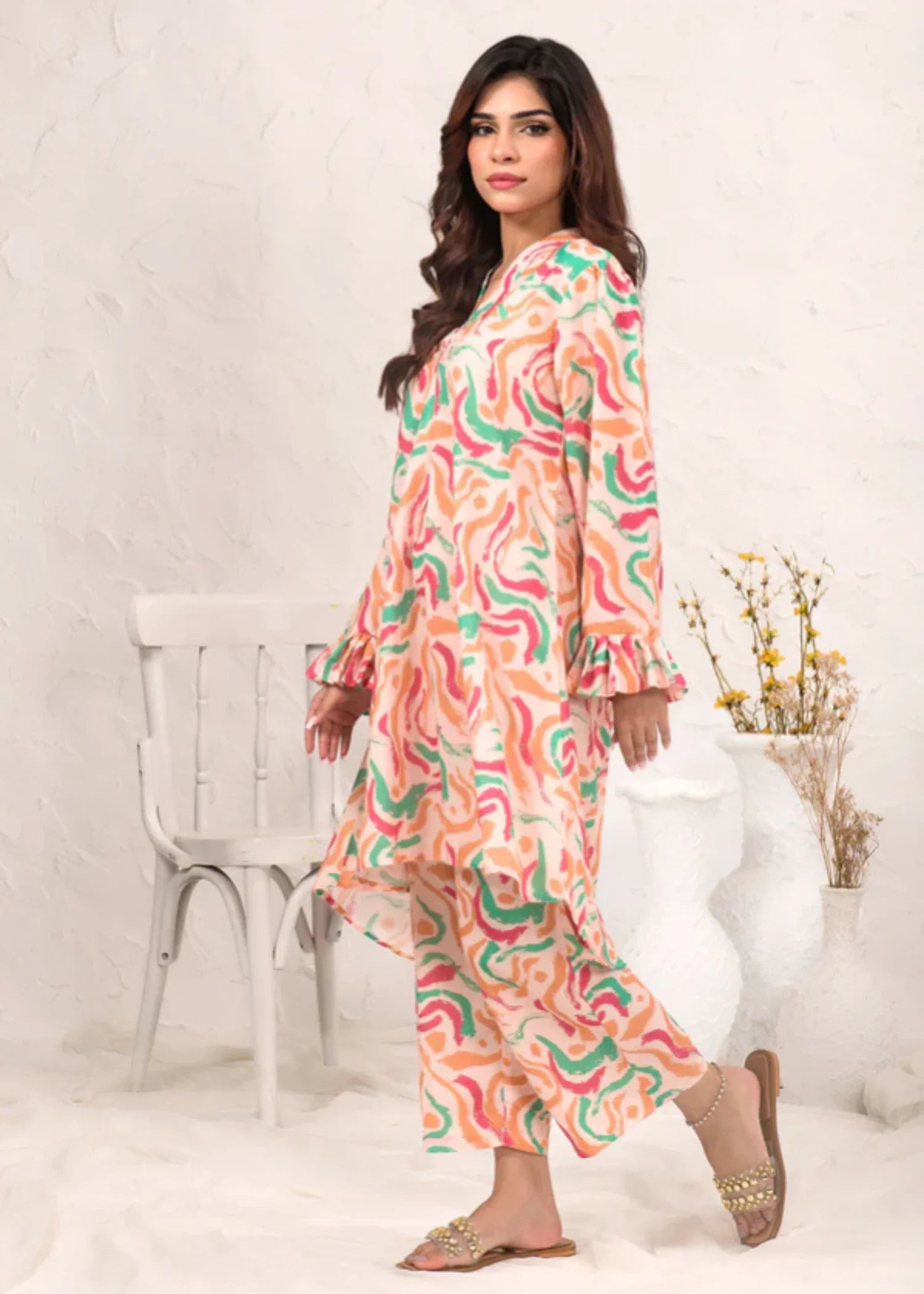 swiss lawn Co Ord Sets in Peach orange