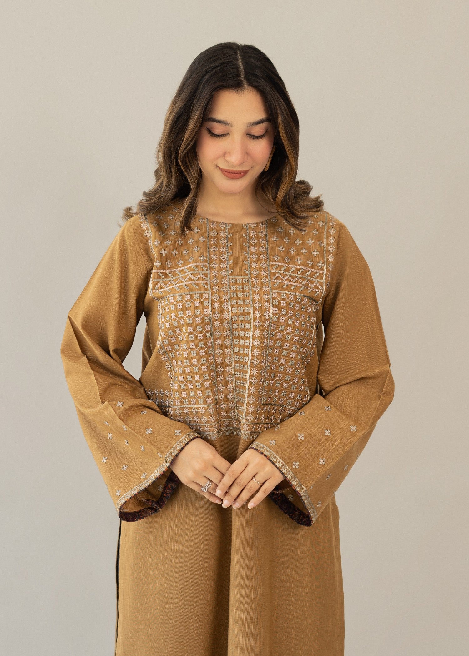 khaddar Kurta Set in Charcoal black, camel brown