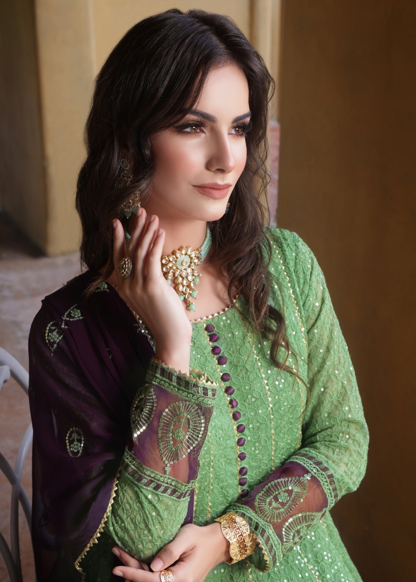 chiffon Pishwas in Pistachio green