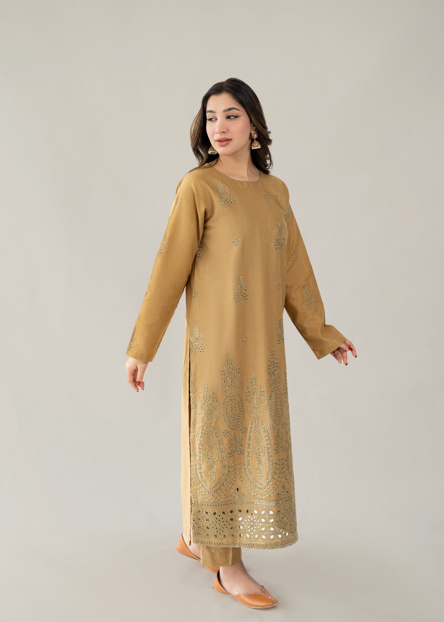 slub khaddar Kurta Set in Brown