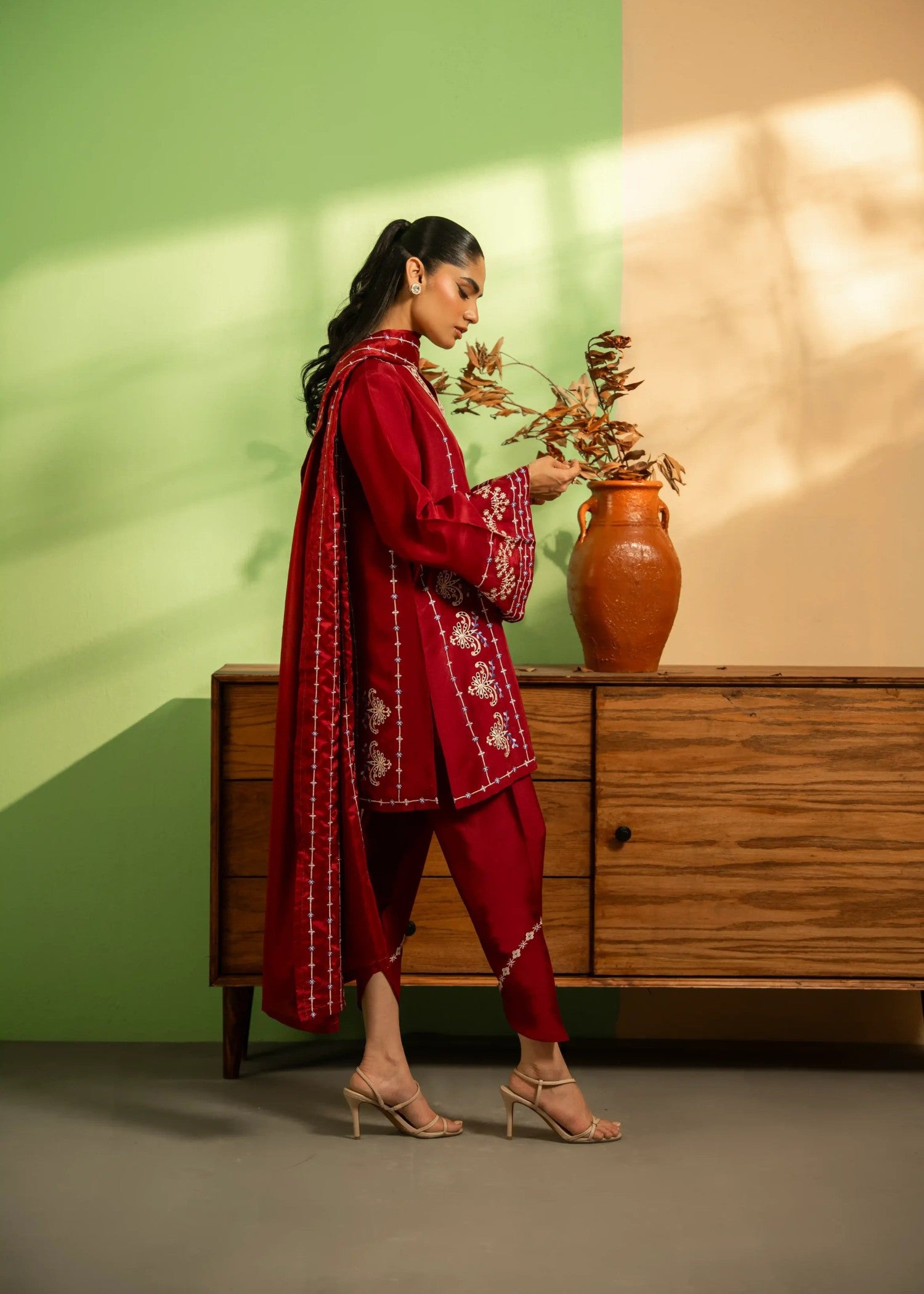 khaddi silk Kurta Set in Crimson