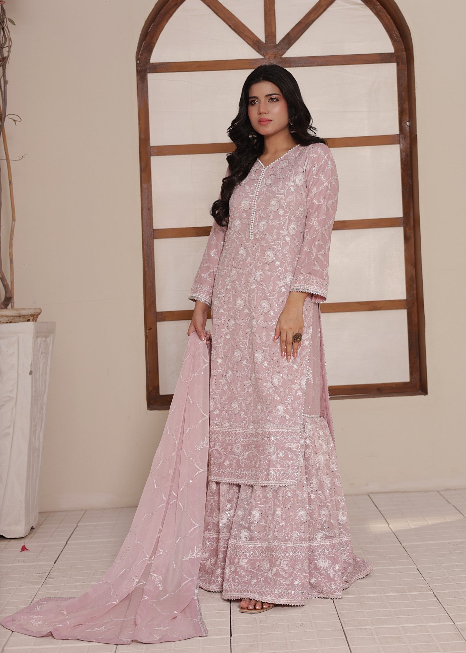 bemberg crinkle chiffon Gharara in Tea rose pink