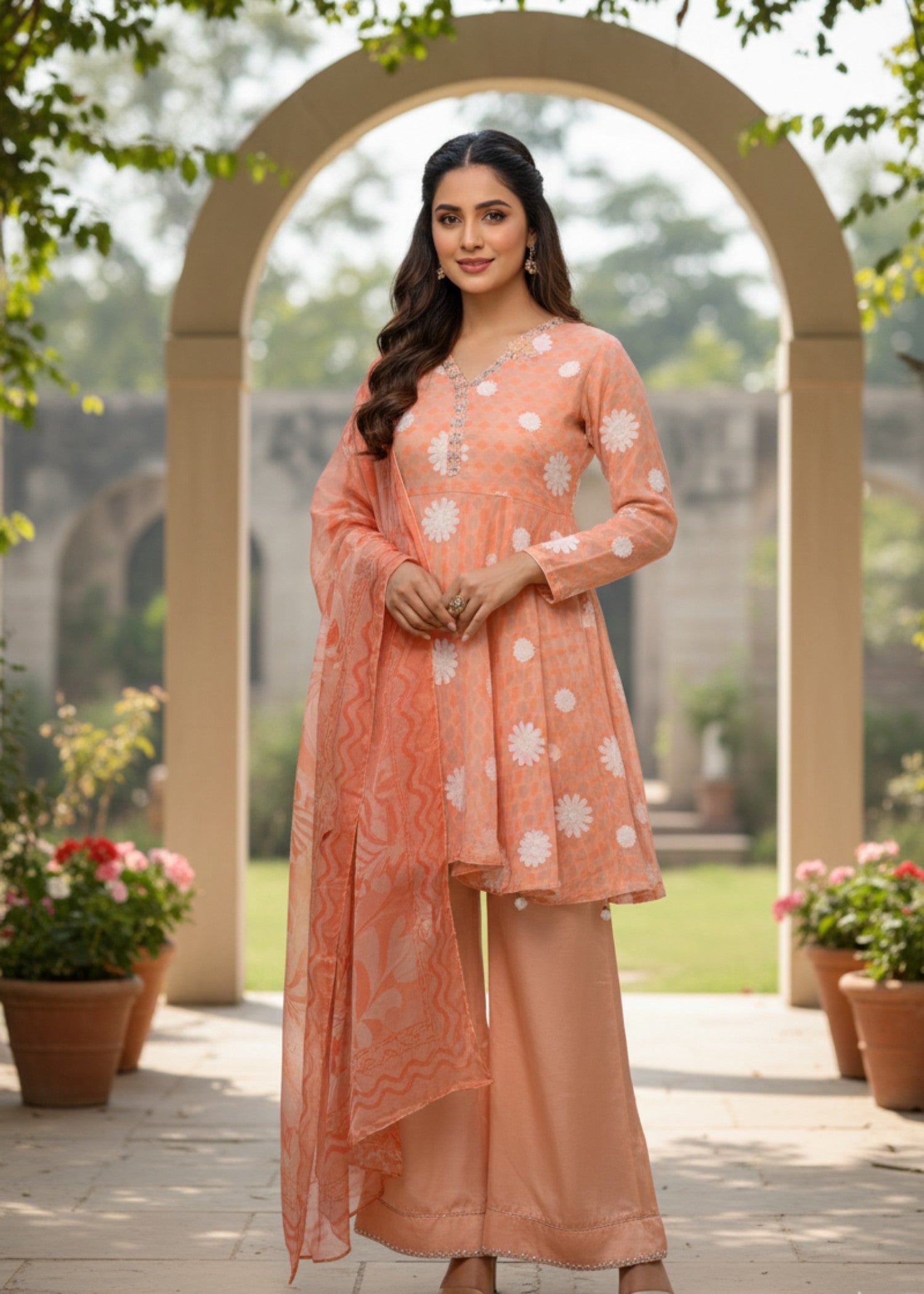 organza silk Short Frock in Peach orange