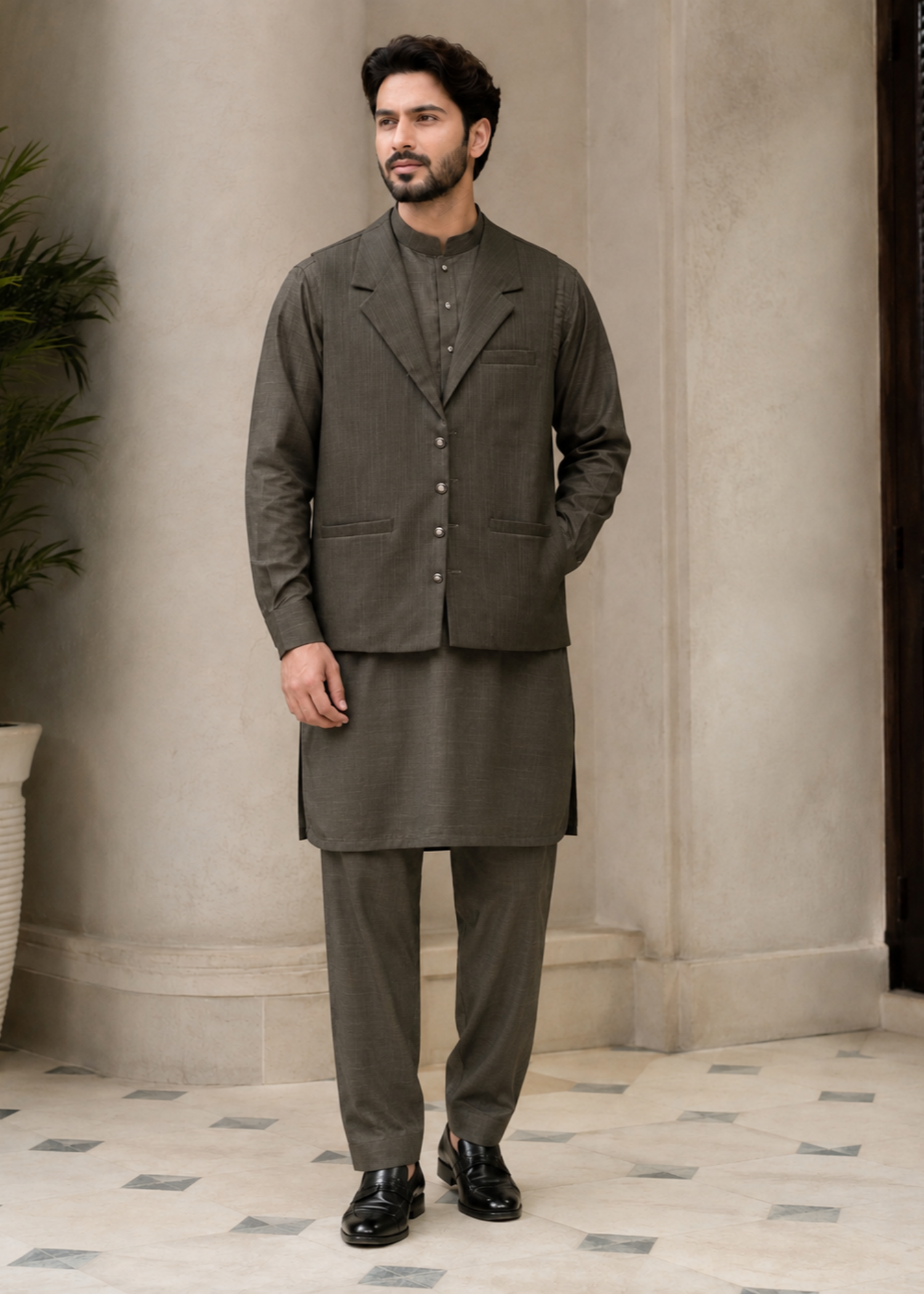 textured wash & wear Waistcoat in Army green