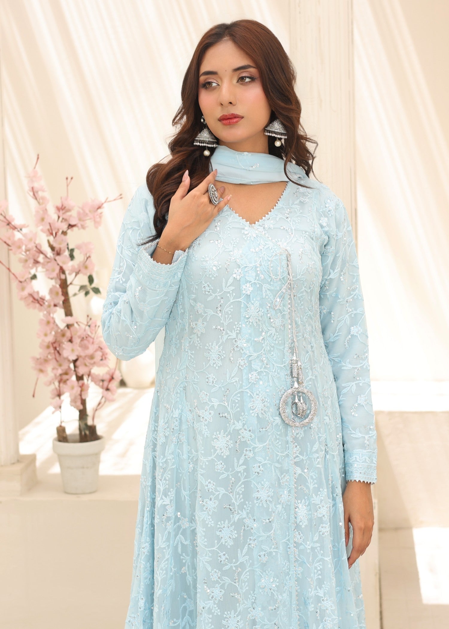 bemberg crinkle chiffon Angrakha in Ice blue