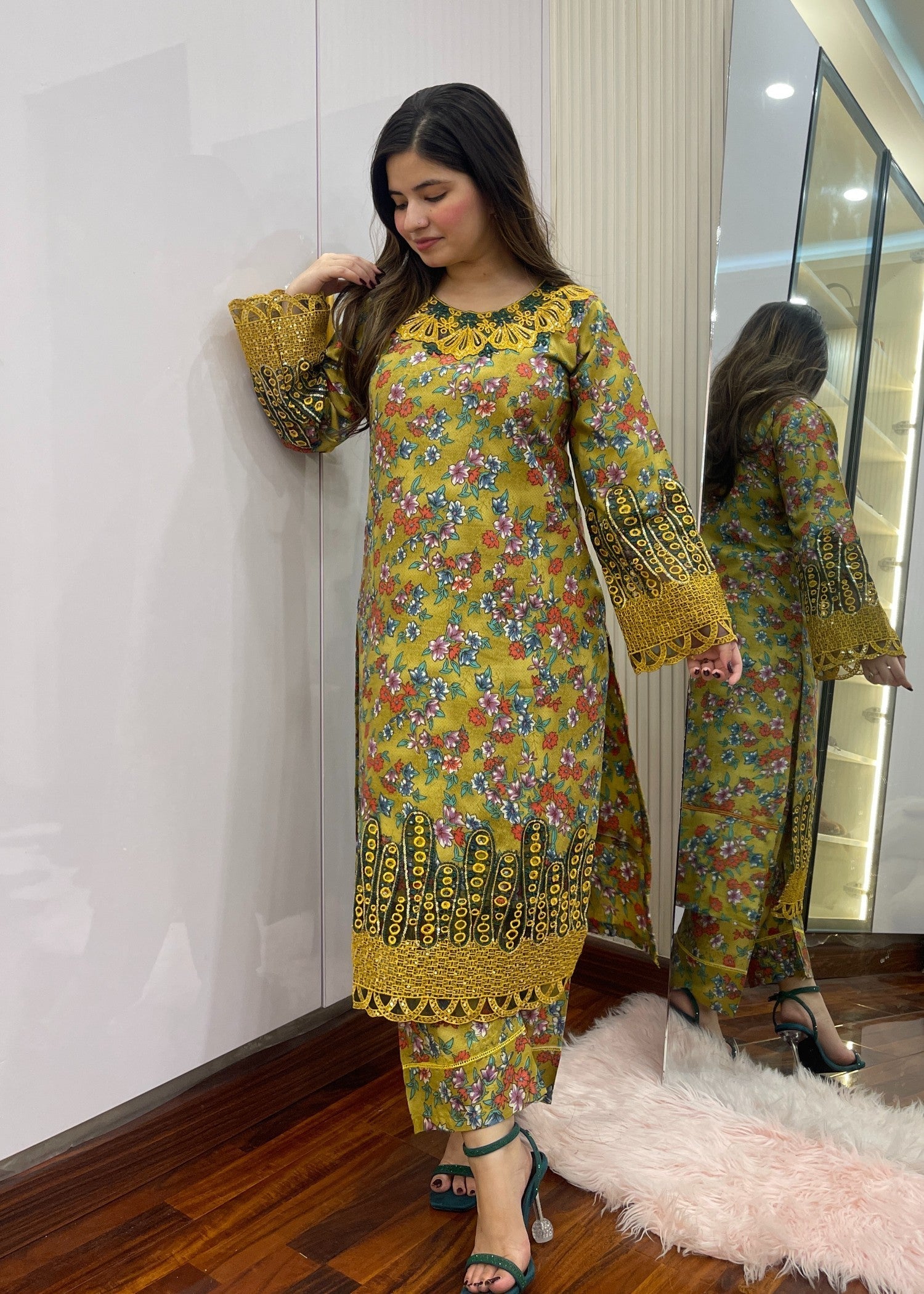 cambric Kurta Set in Yellow green