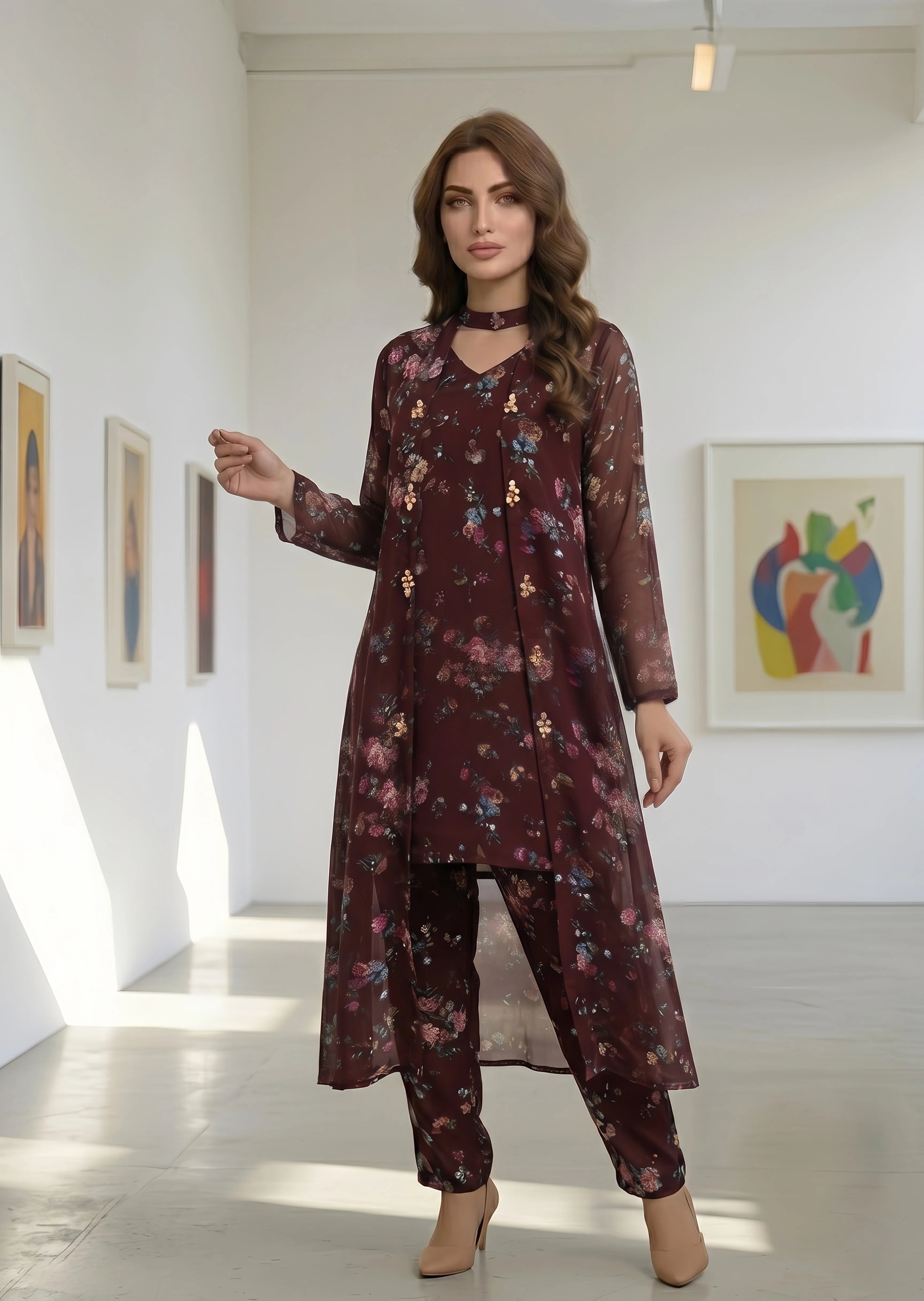 chiffon Gown in Maroon