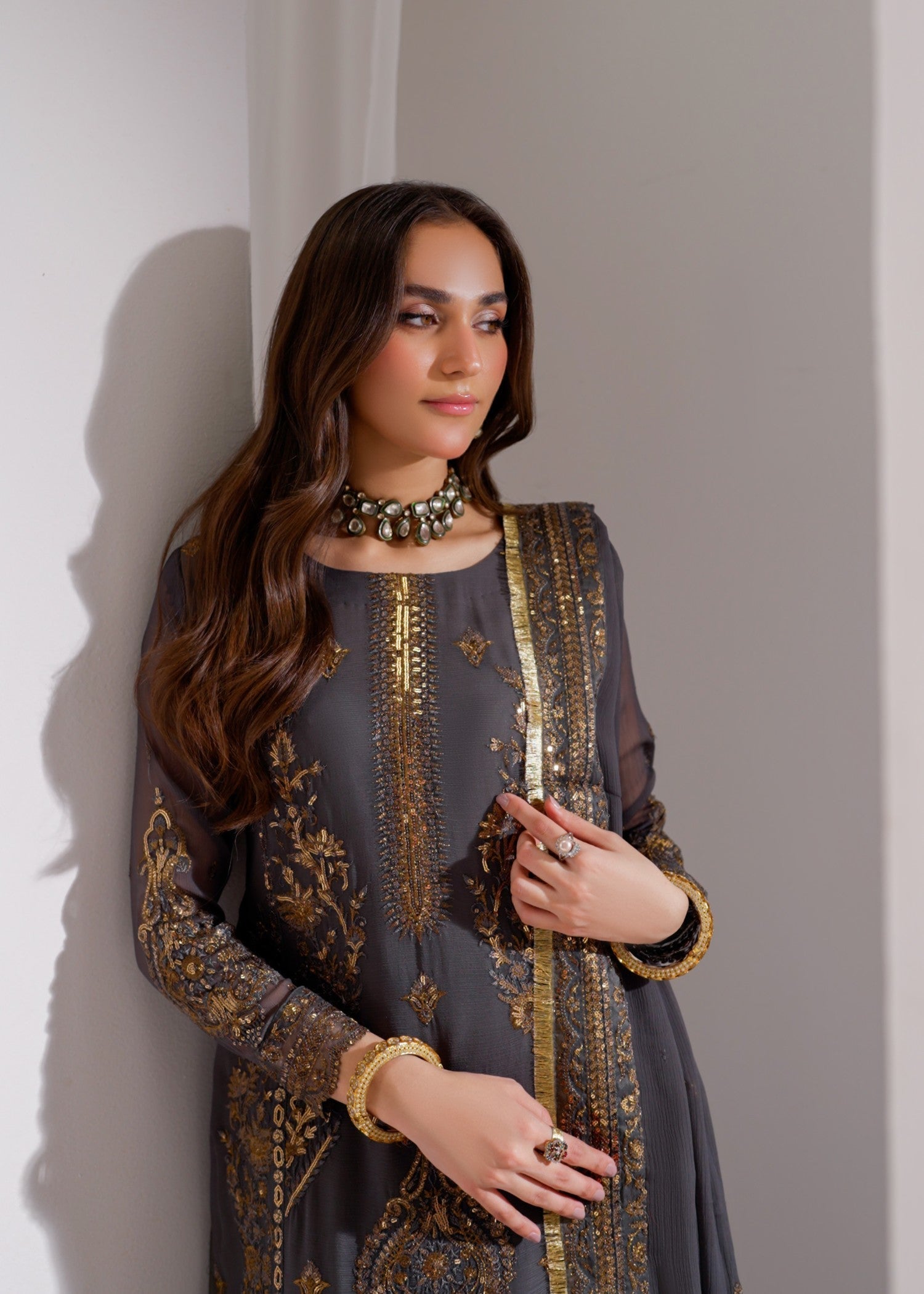 bemberg crinkle chiffon Kurta Set in Dark grey