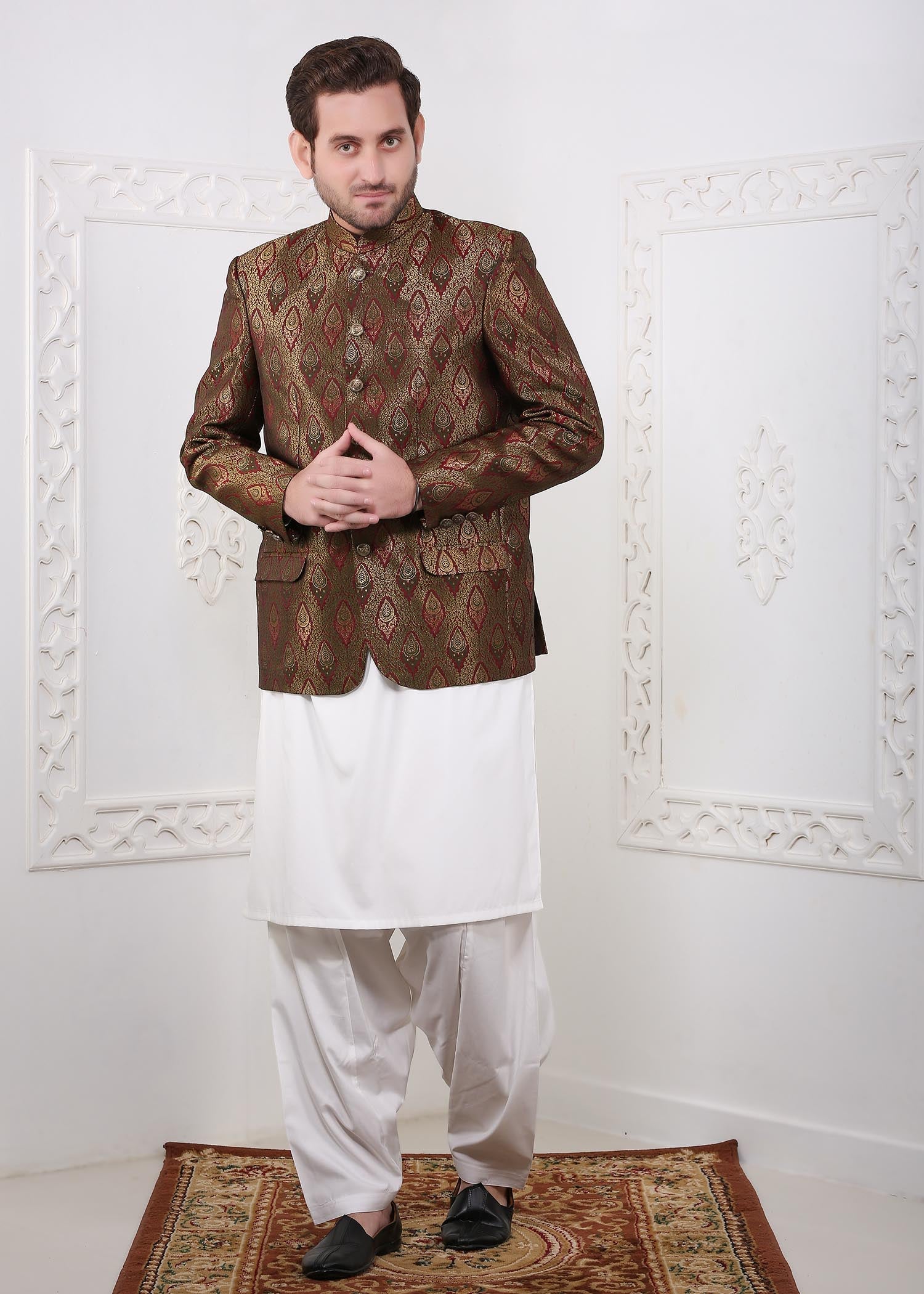 banarsi silk Prince Coat in Olive green