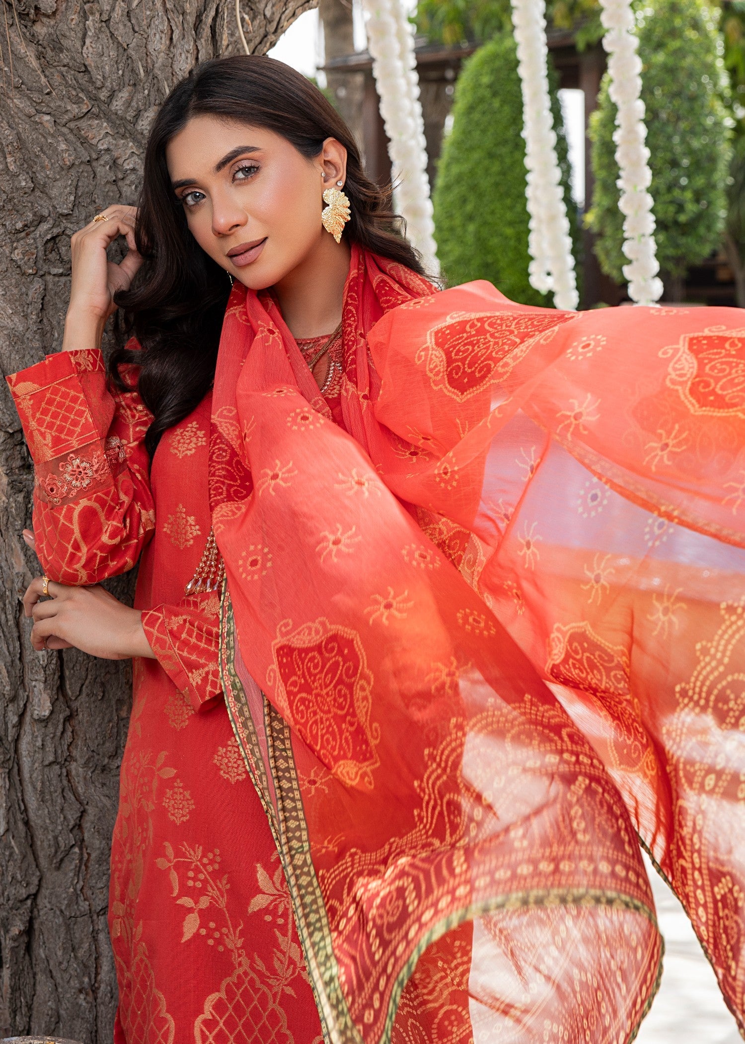 jacquard Kurta Set in Orange
