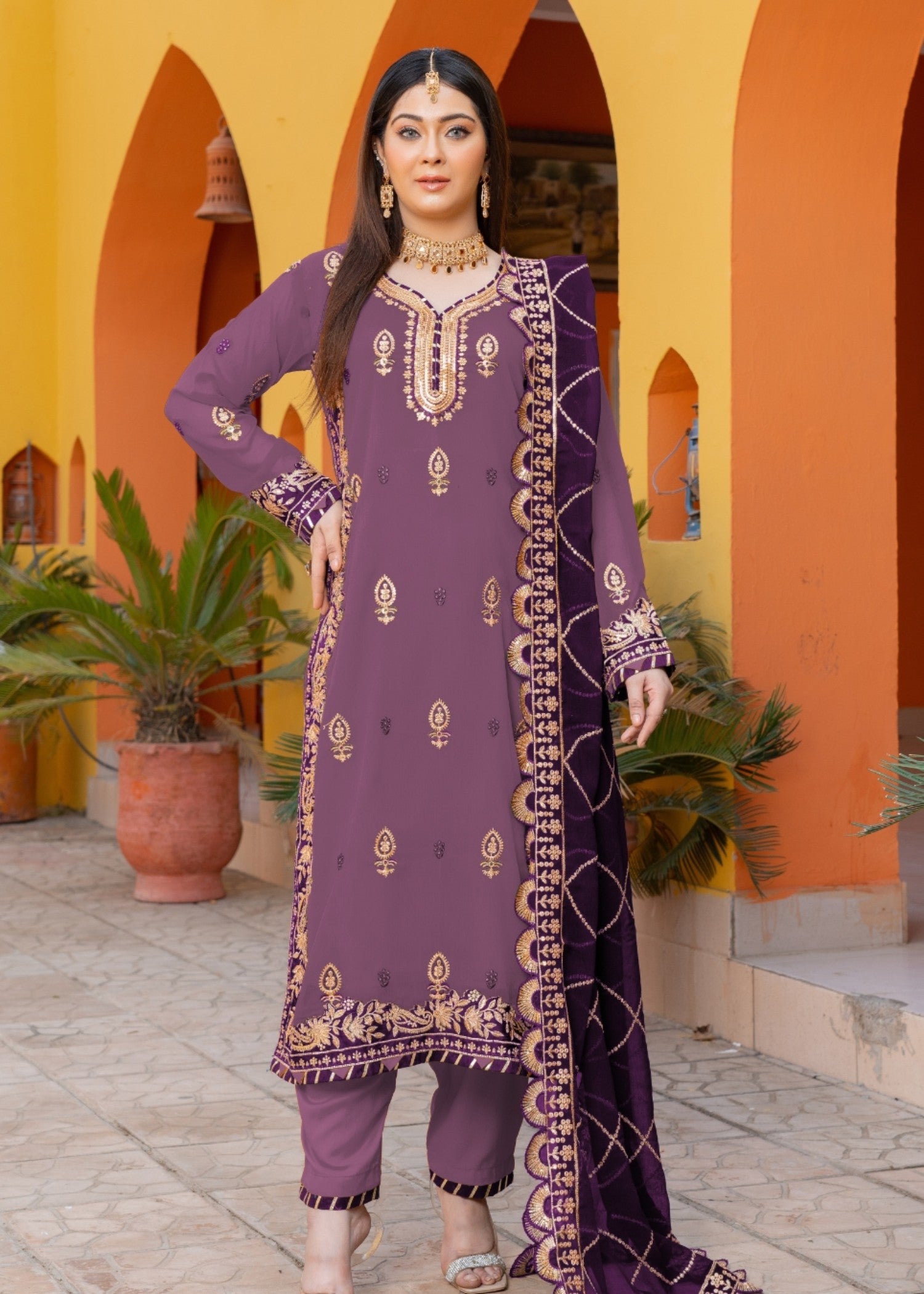 chiffon Kurta Set in Purple, lilac