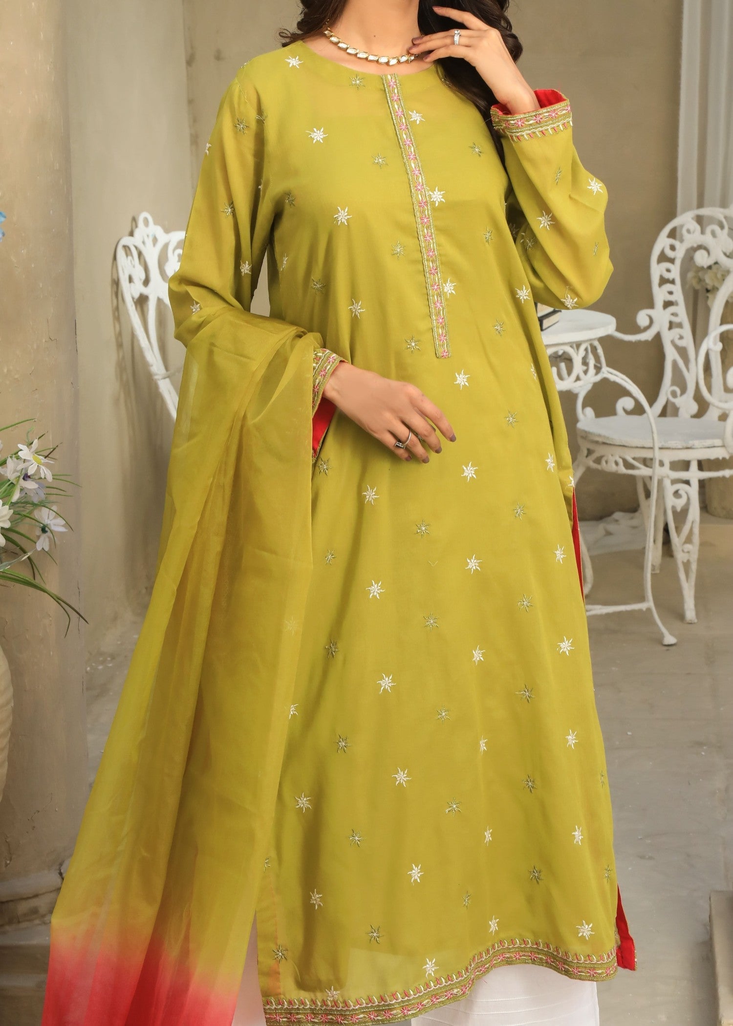 voile Kurta Set in Lime green