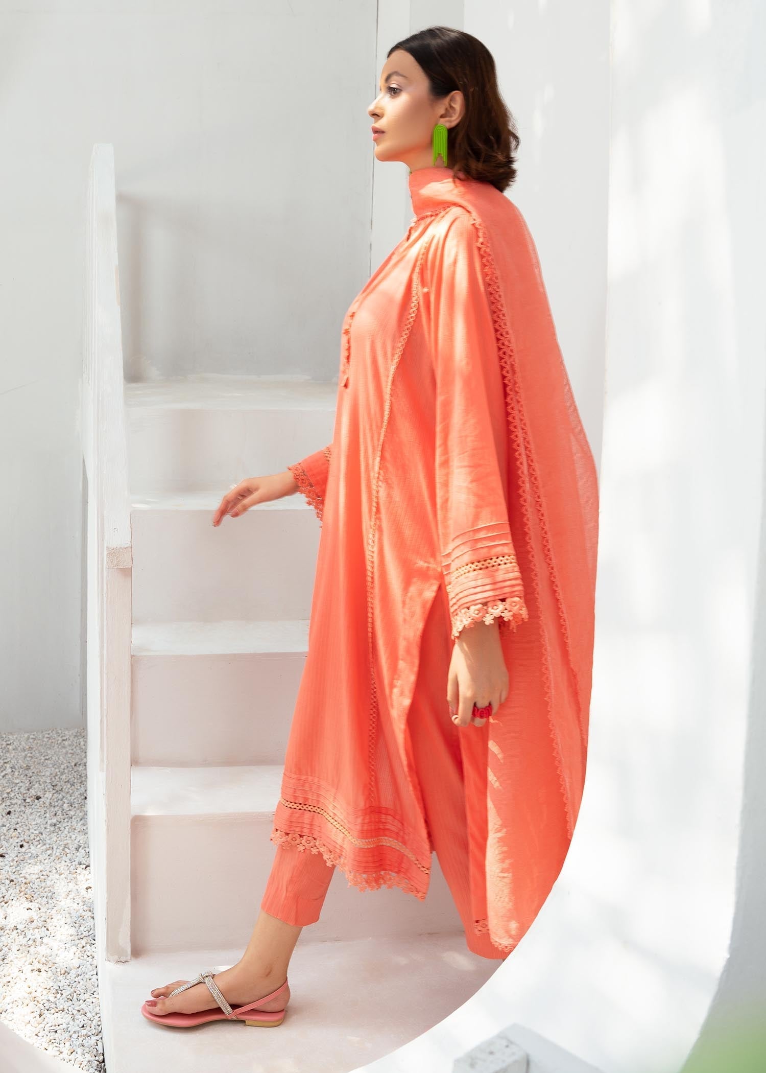 slub cambric Kurta Set in Coral orange