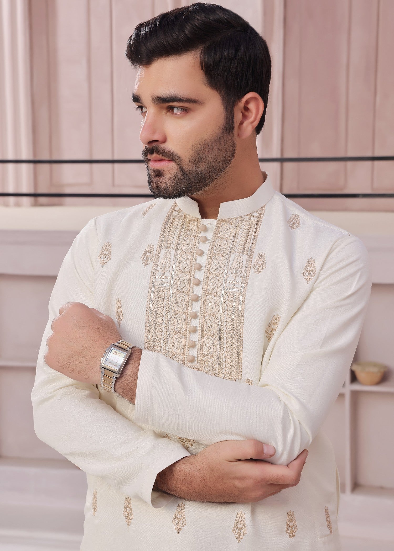 raw silk Kurta Set in Beige by The Great Masters (TGM)