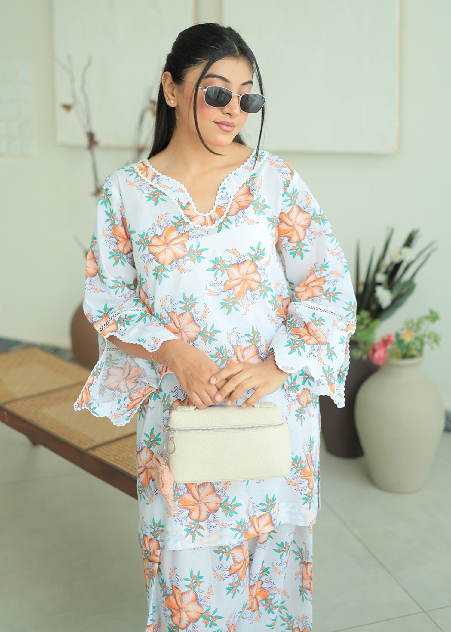 lawn Co Ord Sets in White, jade green, peach orange