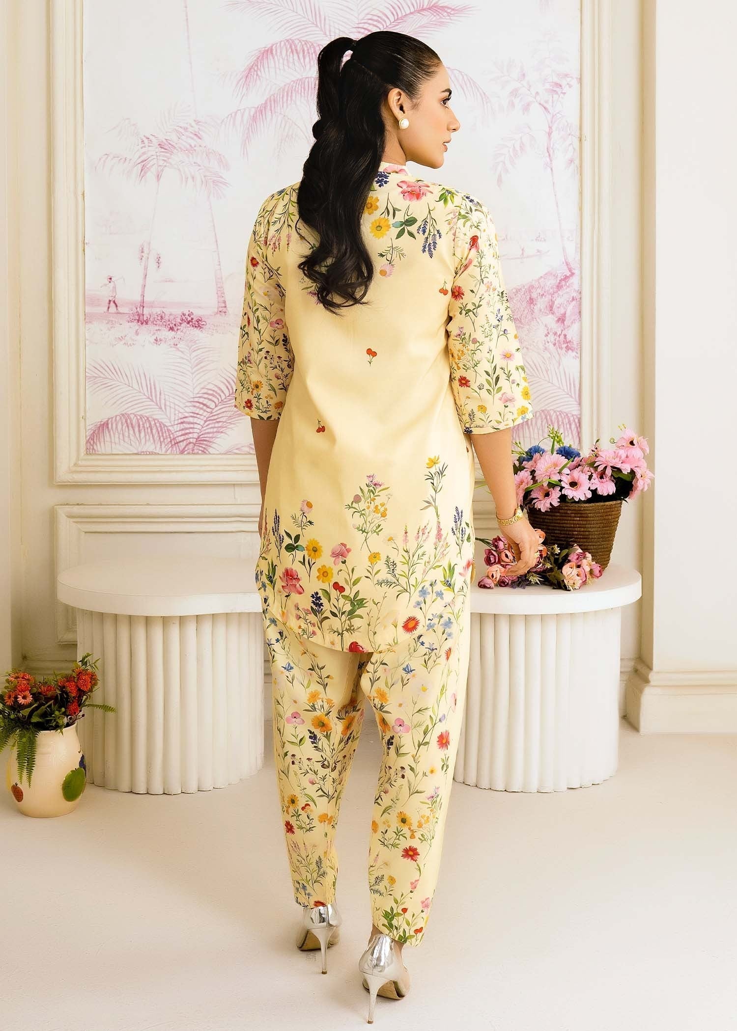 silk finish lawn Co Ord Sets in Lemon