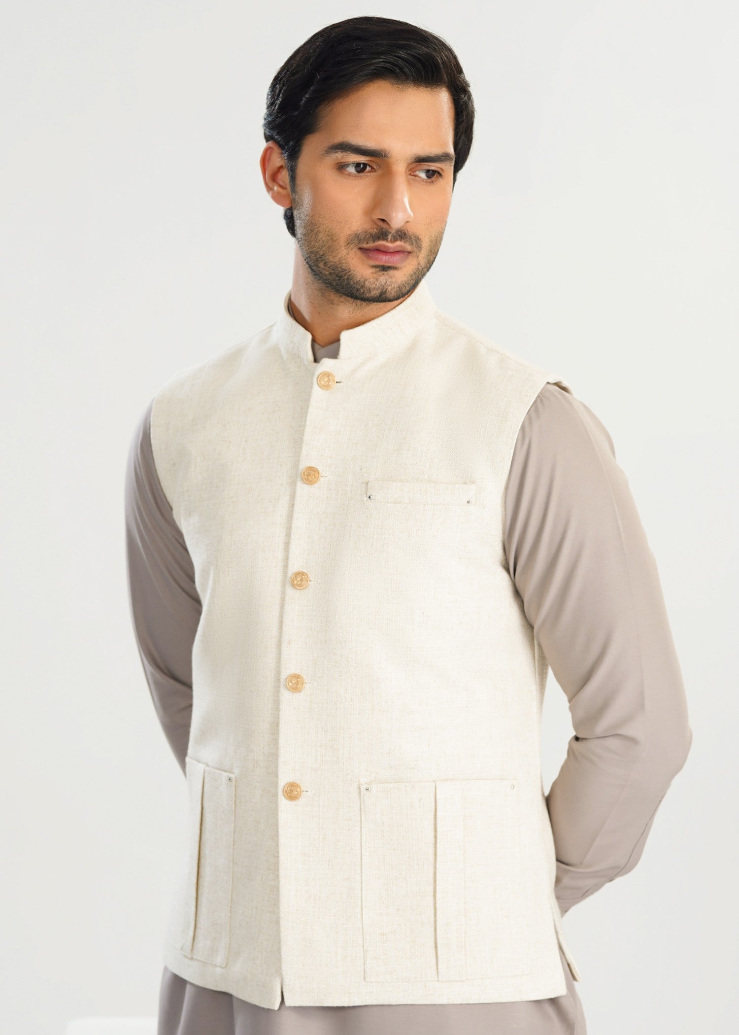 handwoven khaddar Waistcoat in Off-white