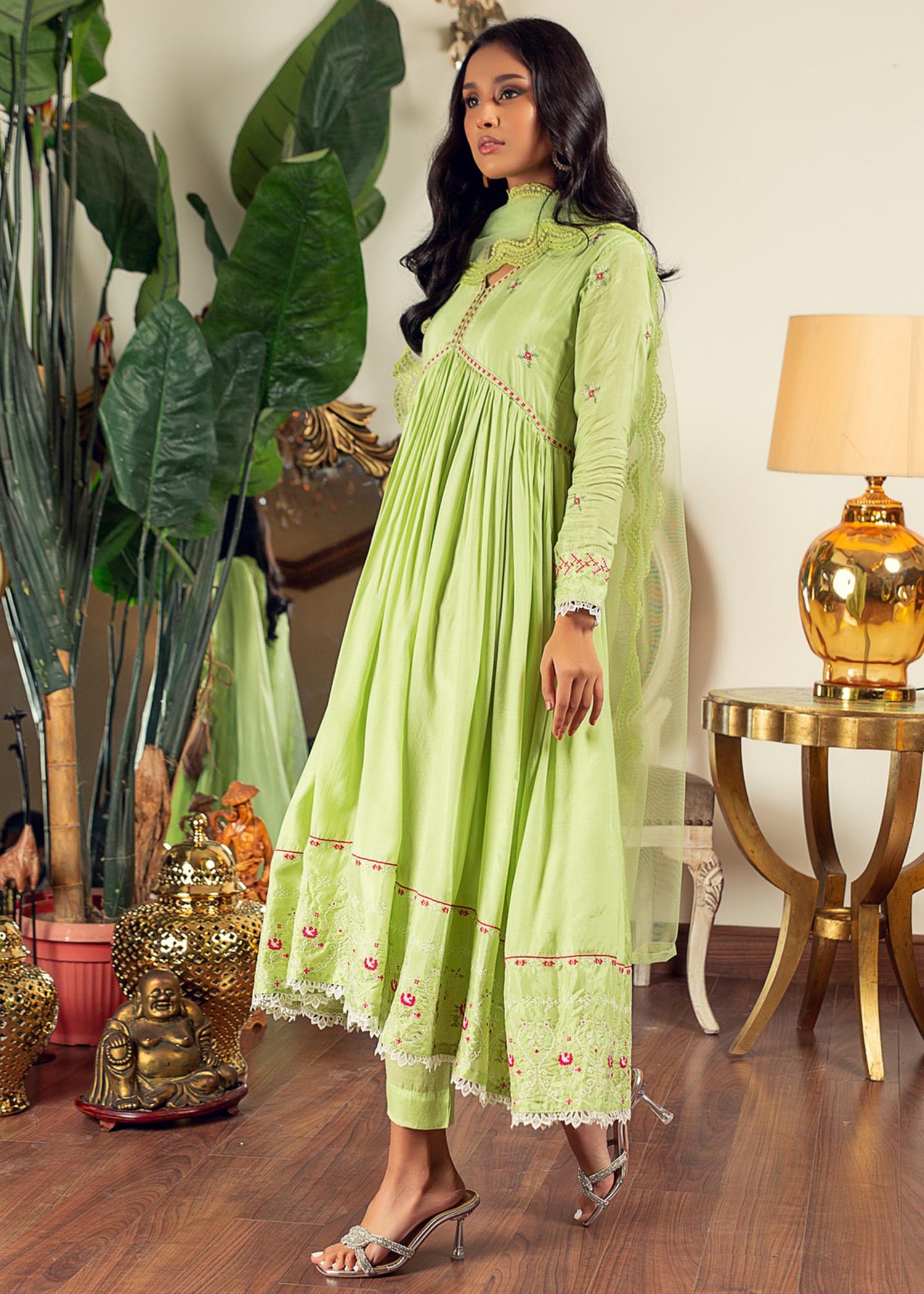 cotton silk Pishwas in Apple green