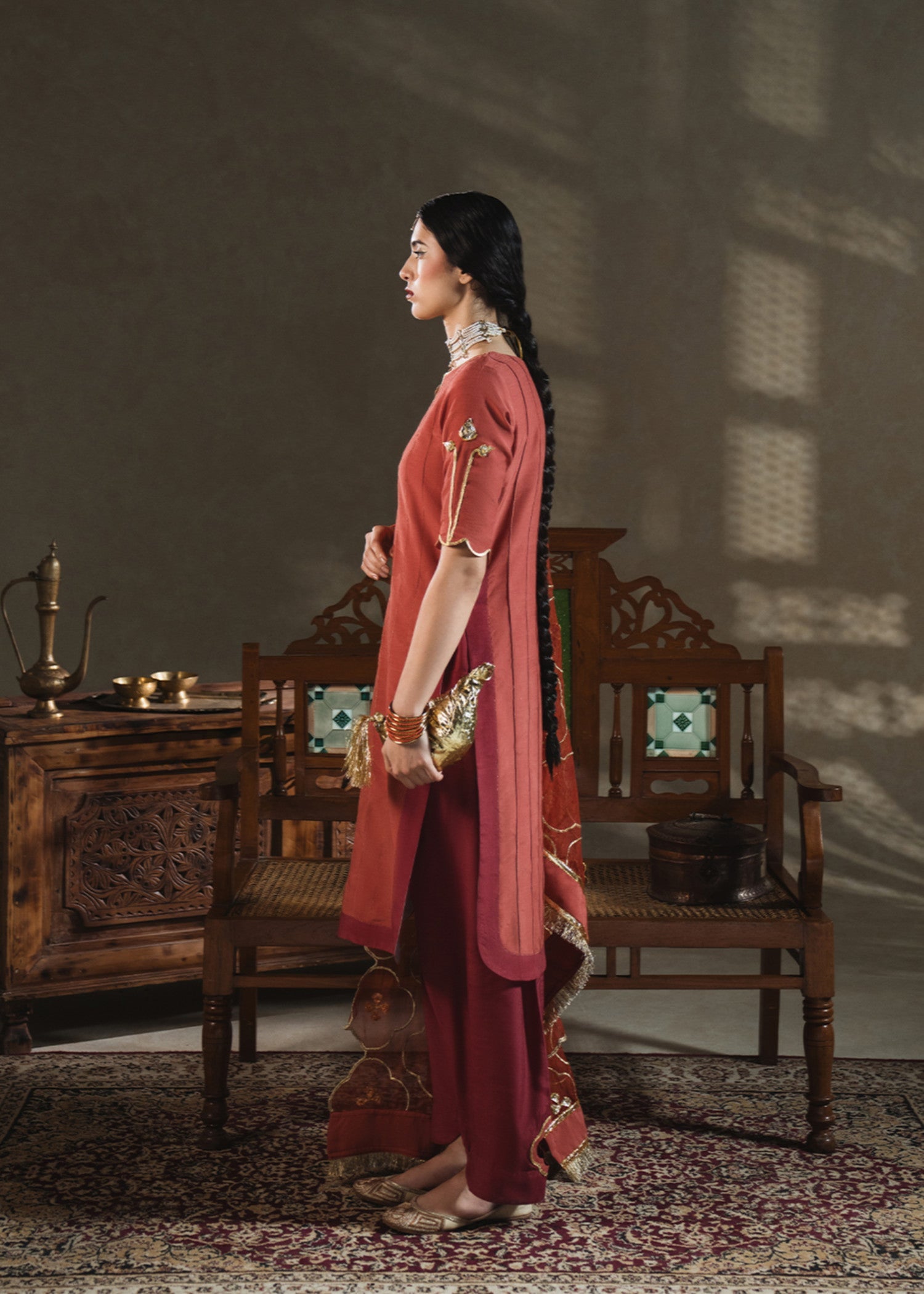 raw silk Kurta Set in Coral red
