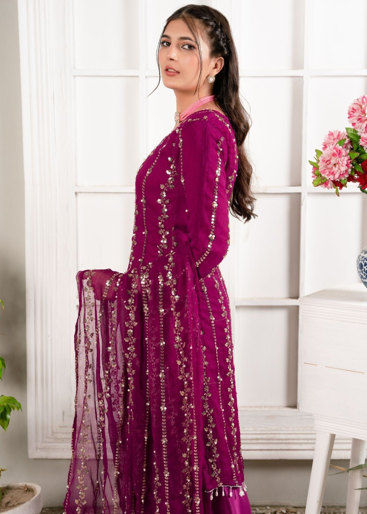 crinkle Kurta Set in Magenta