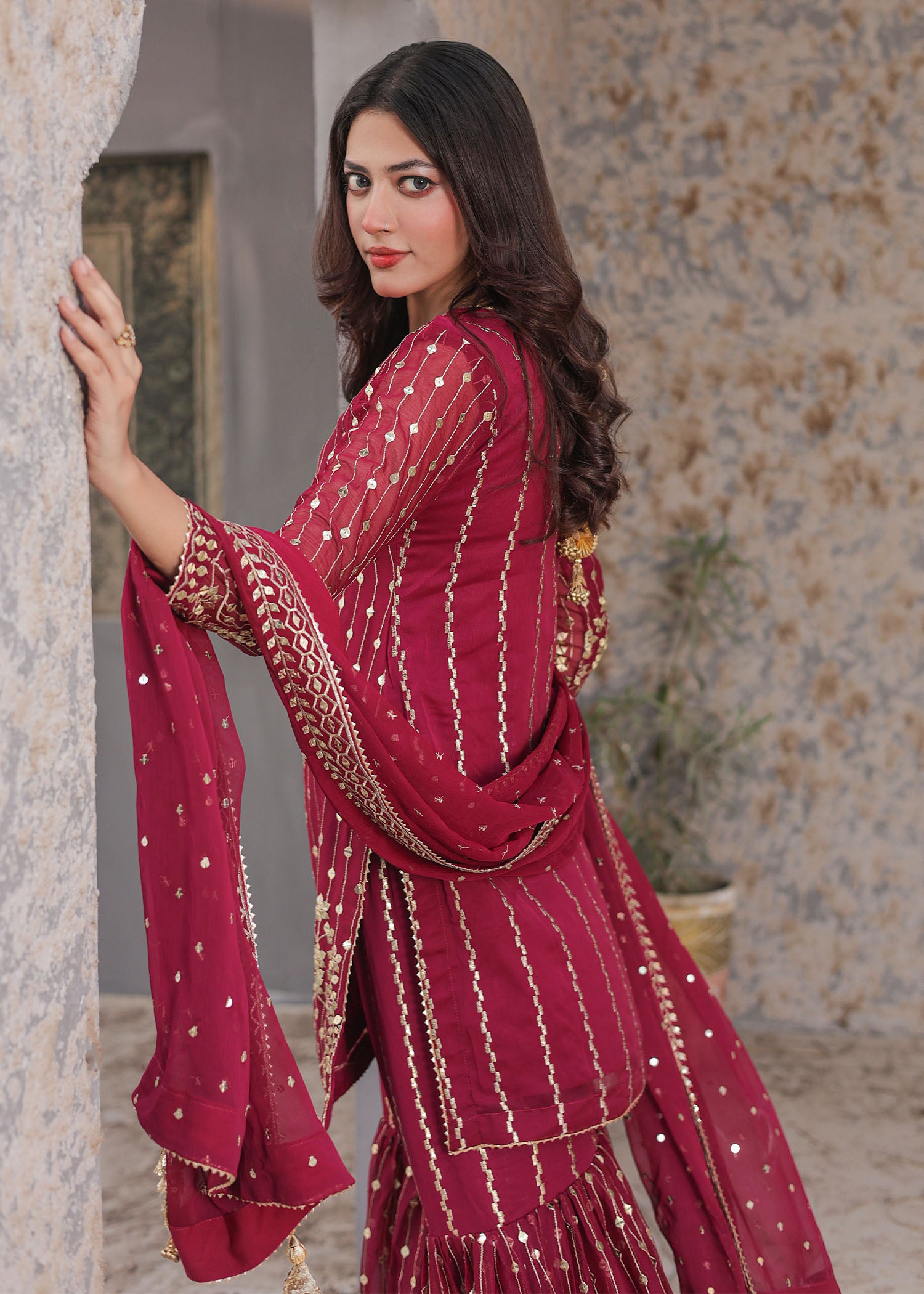 chiffon Gharara in Maroon