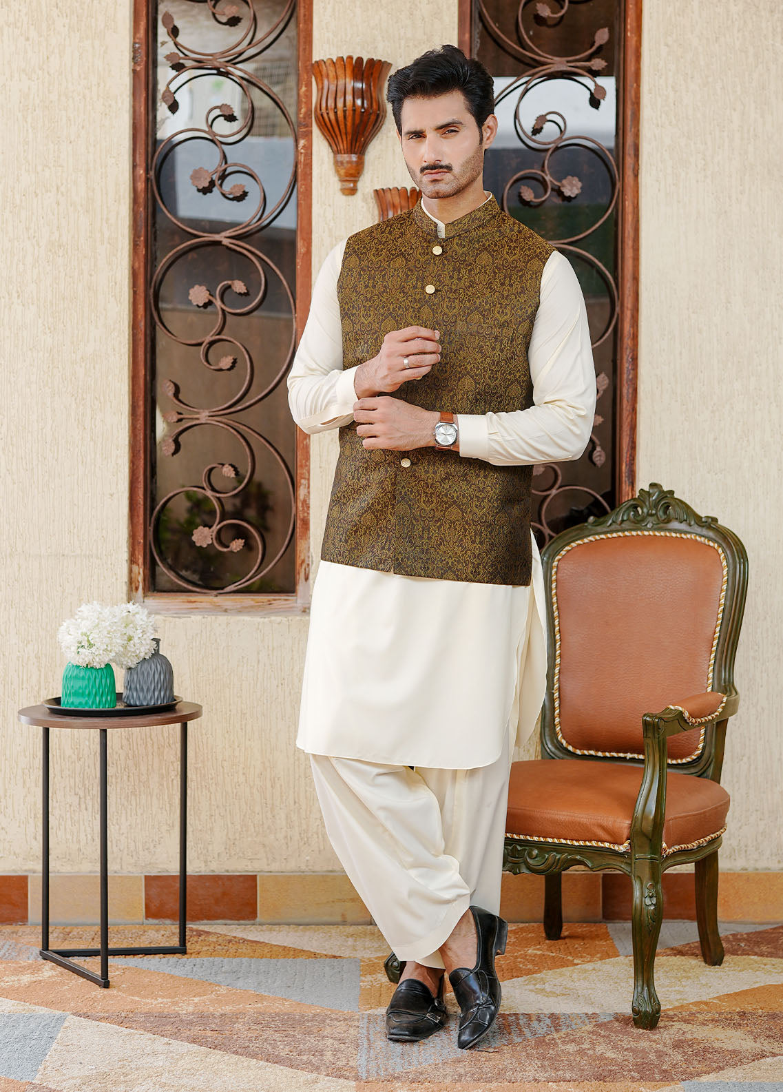 traditional jamawar Waistcoat in Dark brown by Real Image Clothing