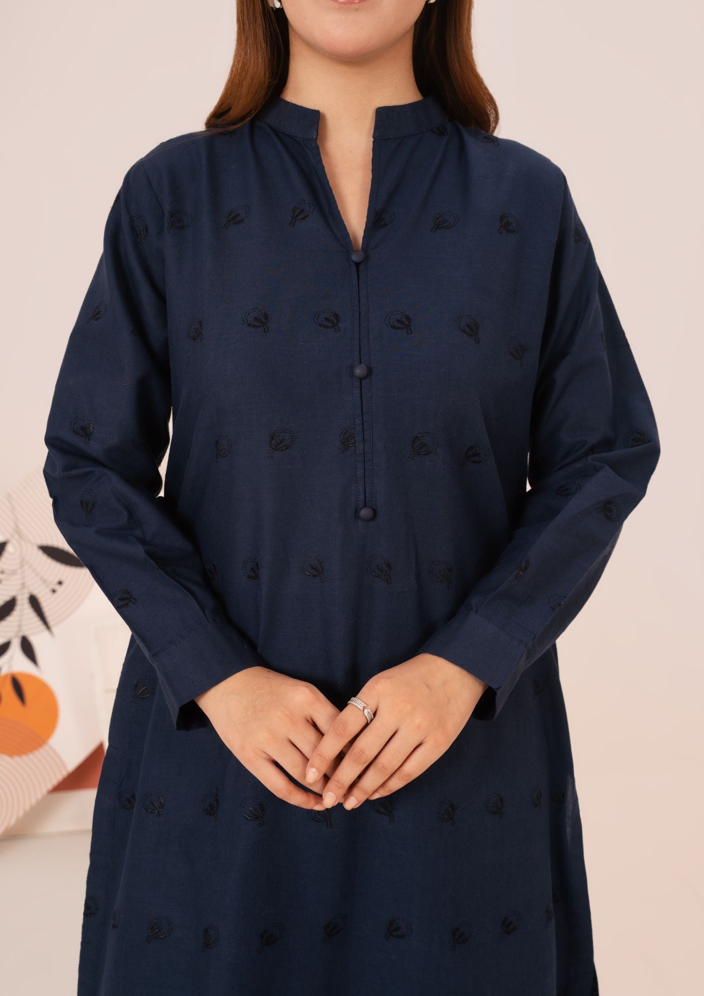 cambric Kurta Set in Navy blue