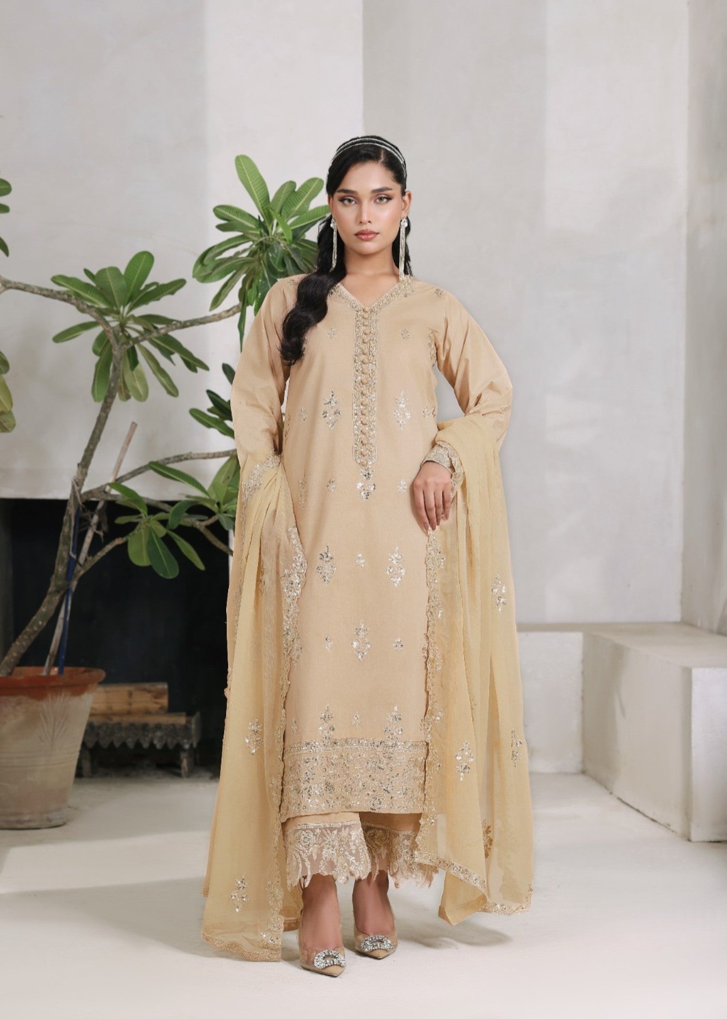chiffon Kurta Set in Khaki brown