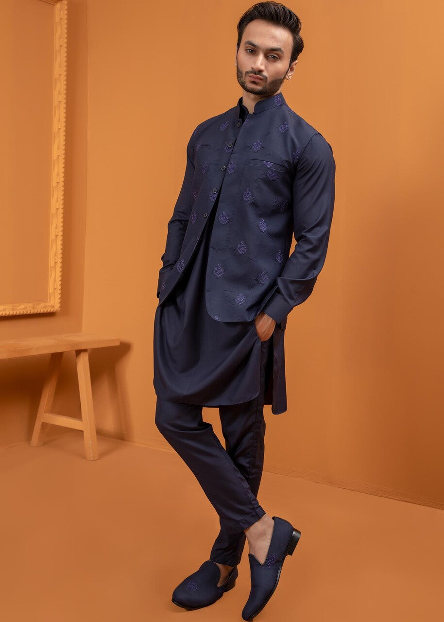 wash & wear Waistcoat in Blue by Ahmad Raza